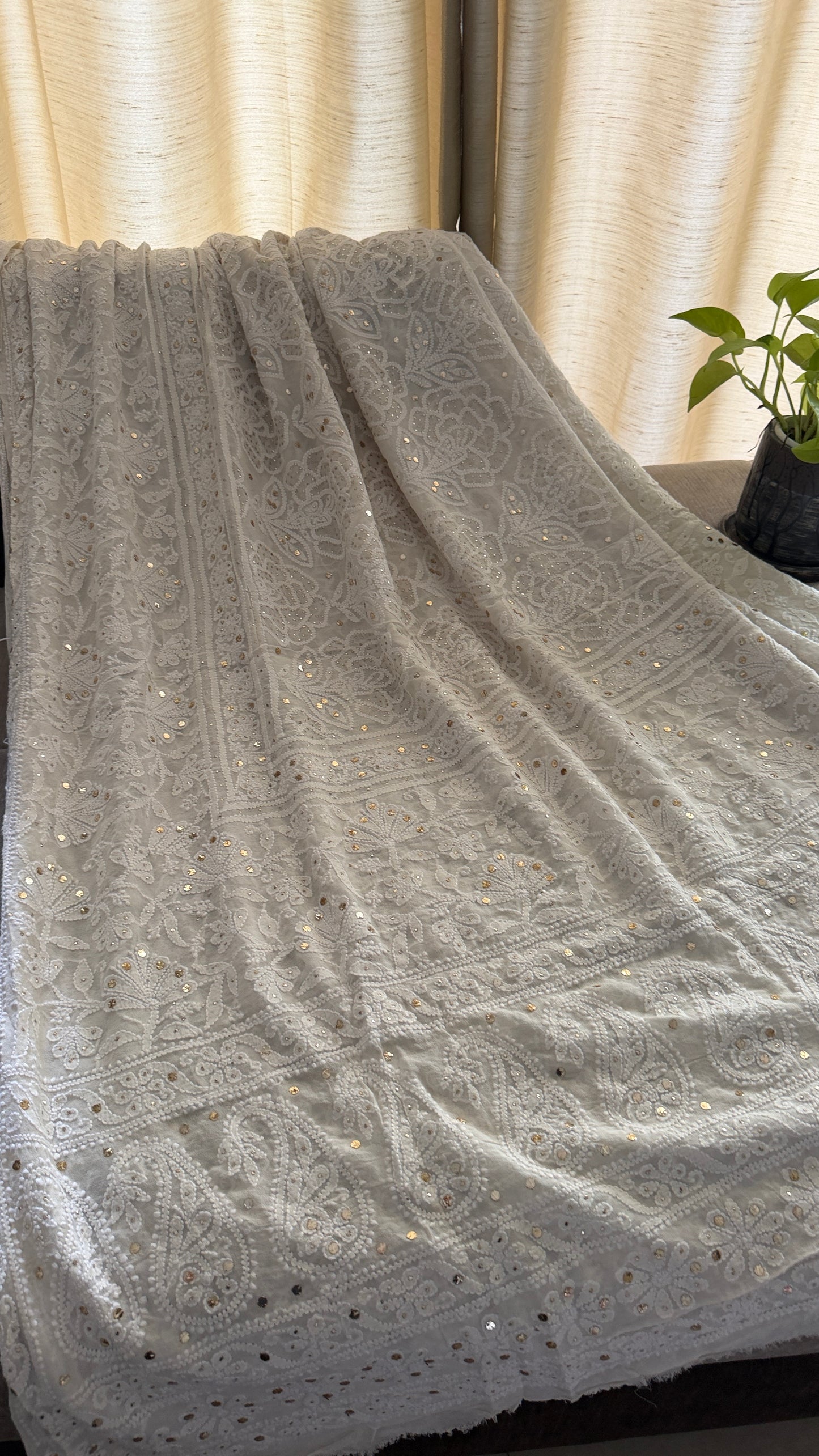Ivory White Golden Mukaish Chikankari Dupatta