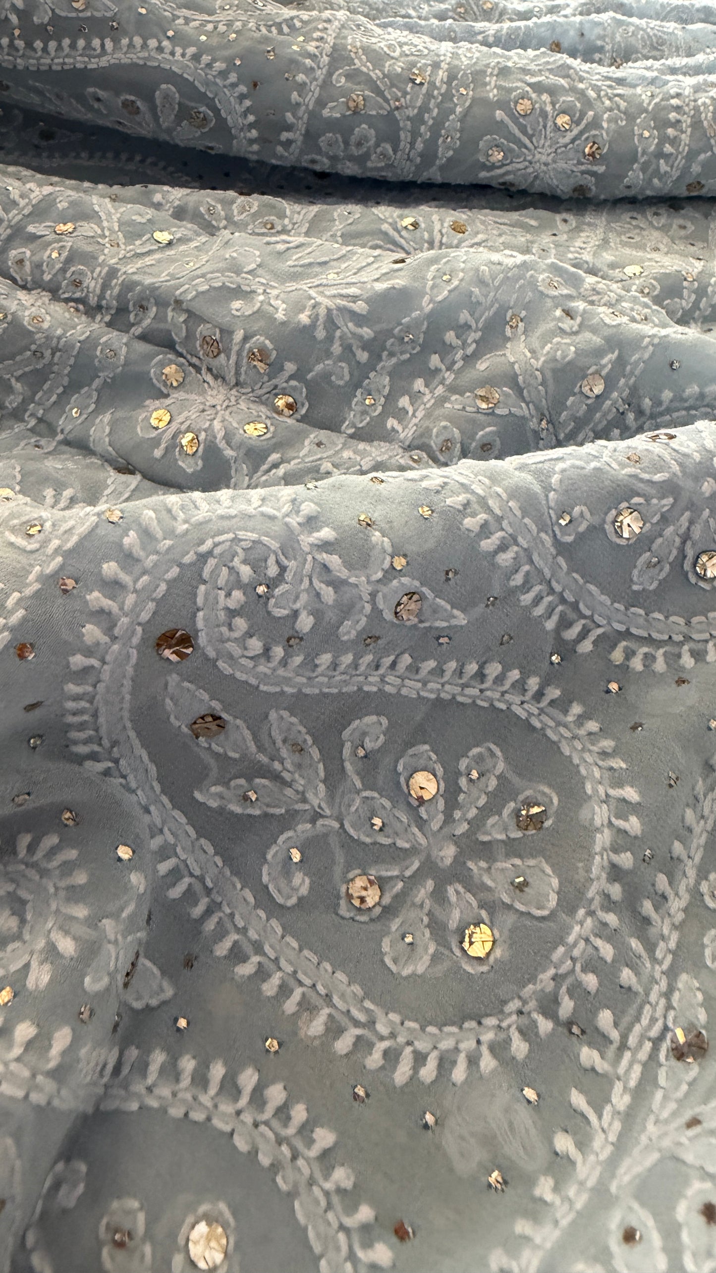 Powder Blue Mukaish Chikankari Saree