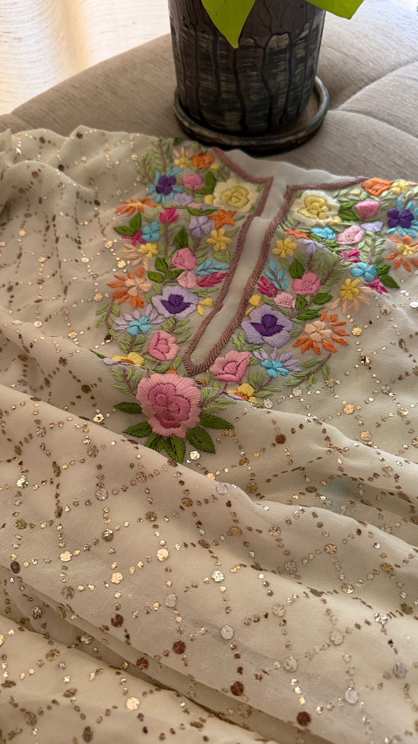 Beige Multicolour Neckline Kamdani Suit