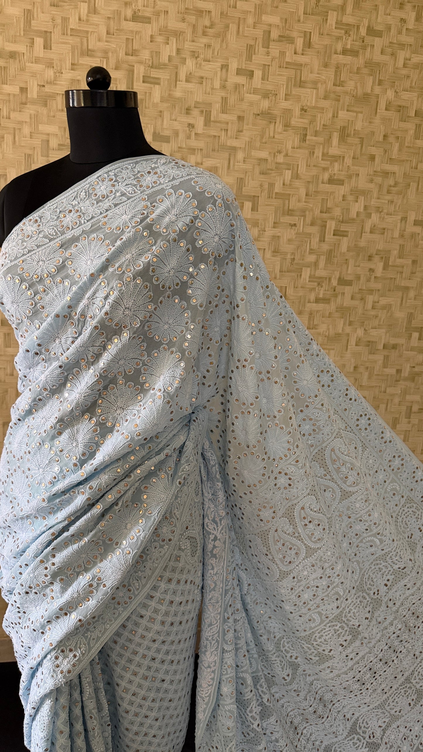 Exclusive Powder Blue Mukaish Chikankari Saree