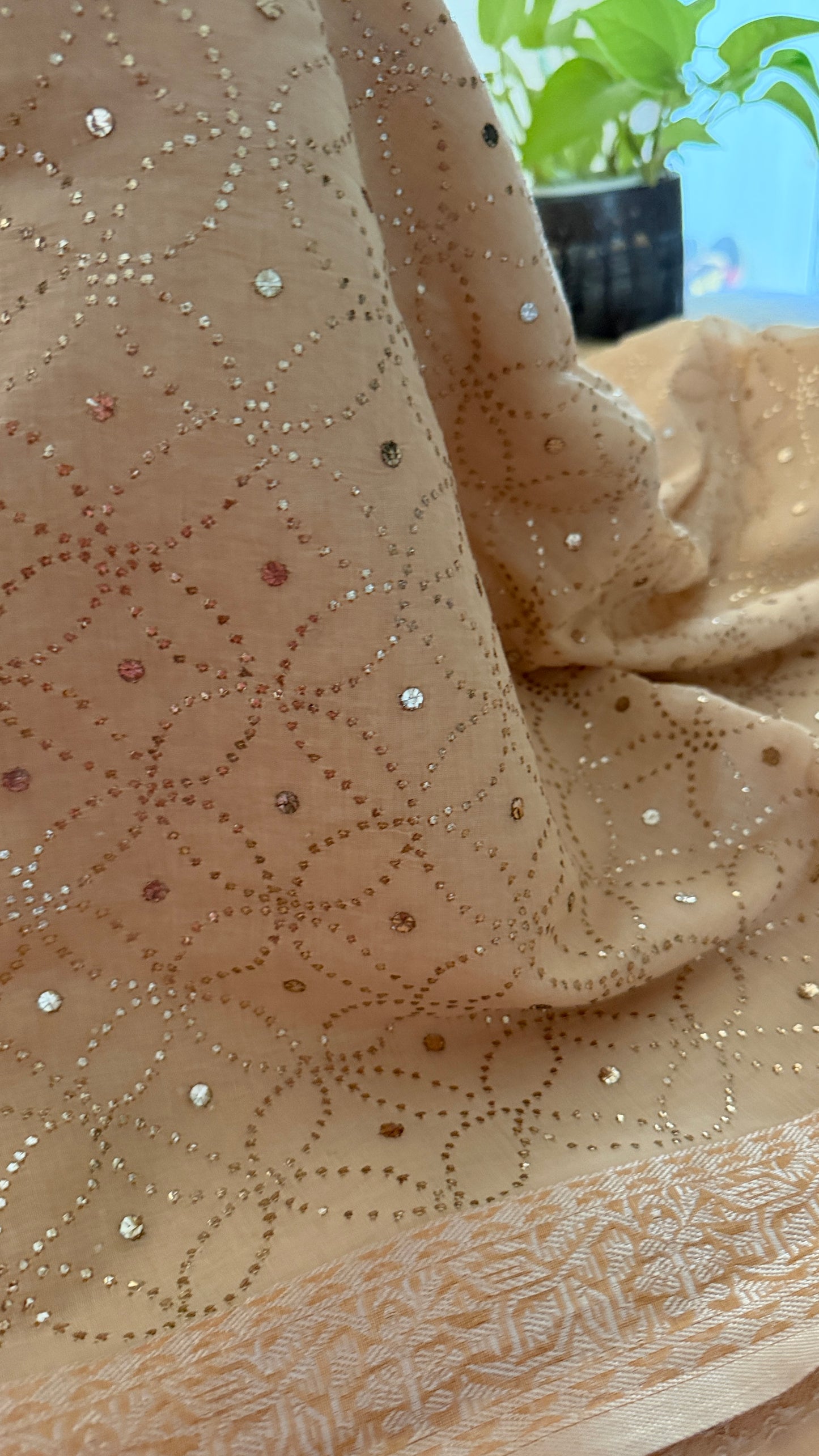 Beige Cotton Chanderi Mukaish Saree for Women