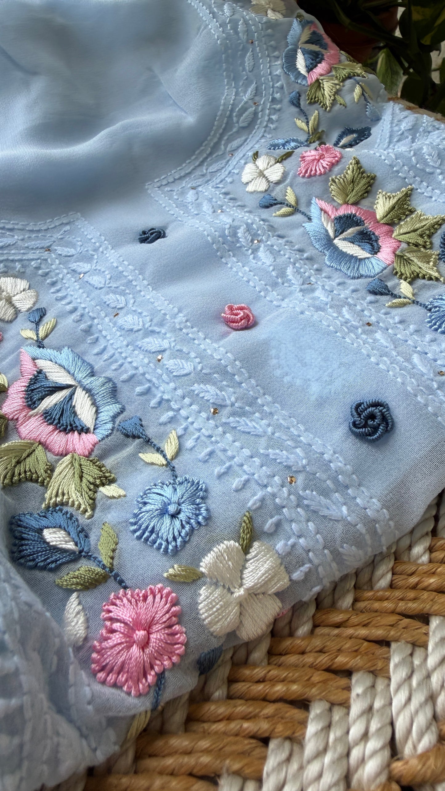 Powder Blue Parsi Gara Chikankari Suit