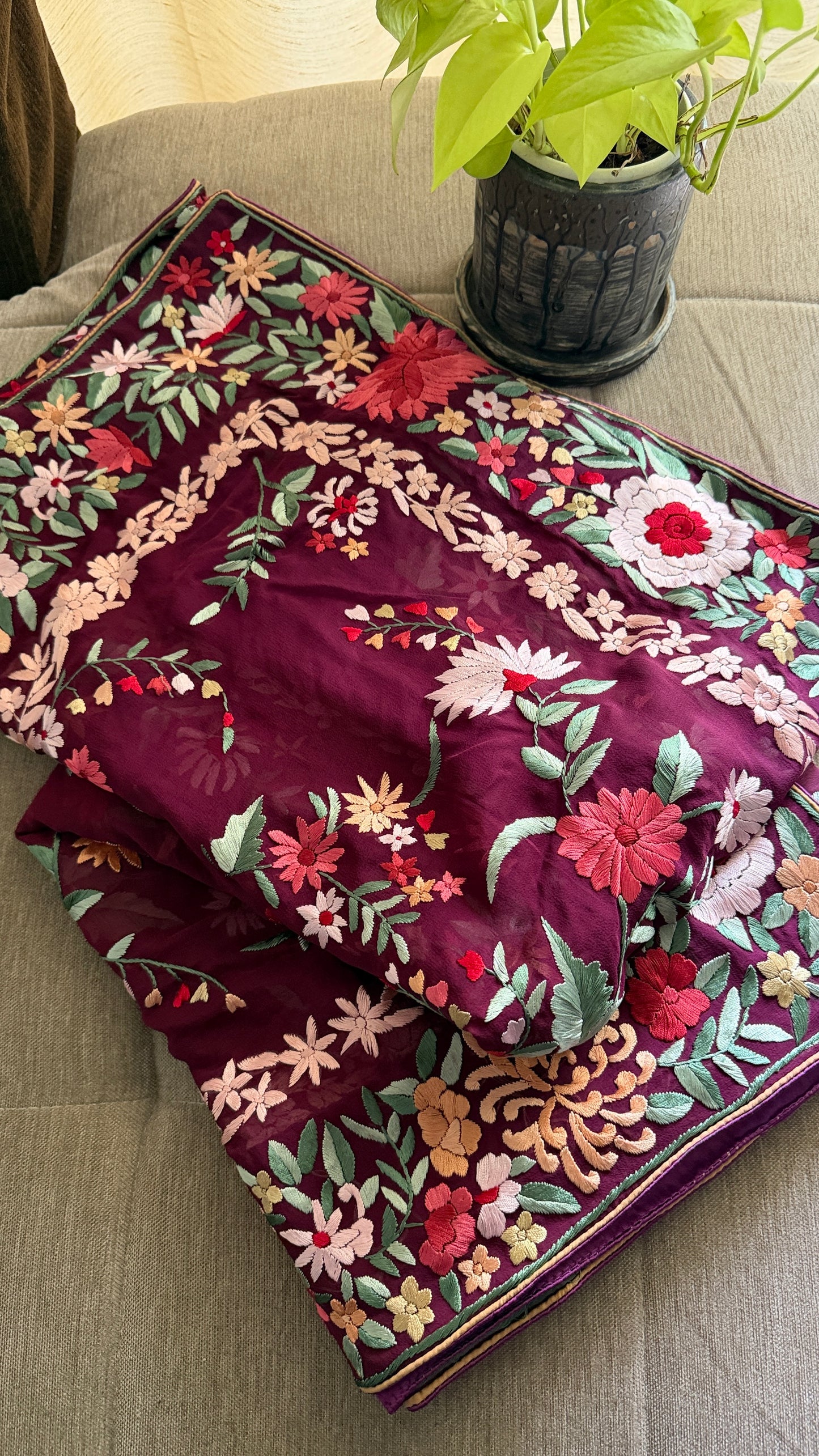 Burgundy Floral Parsi Gara Dupatta