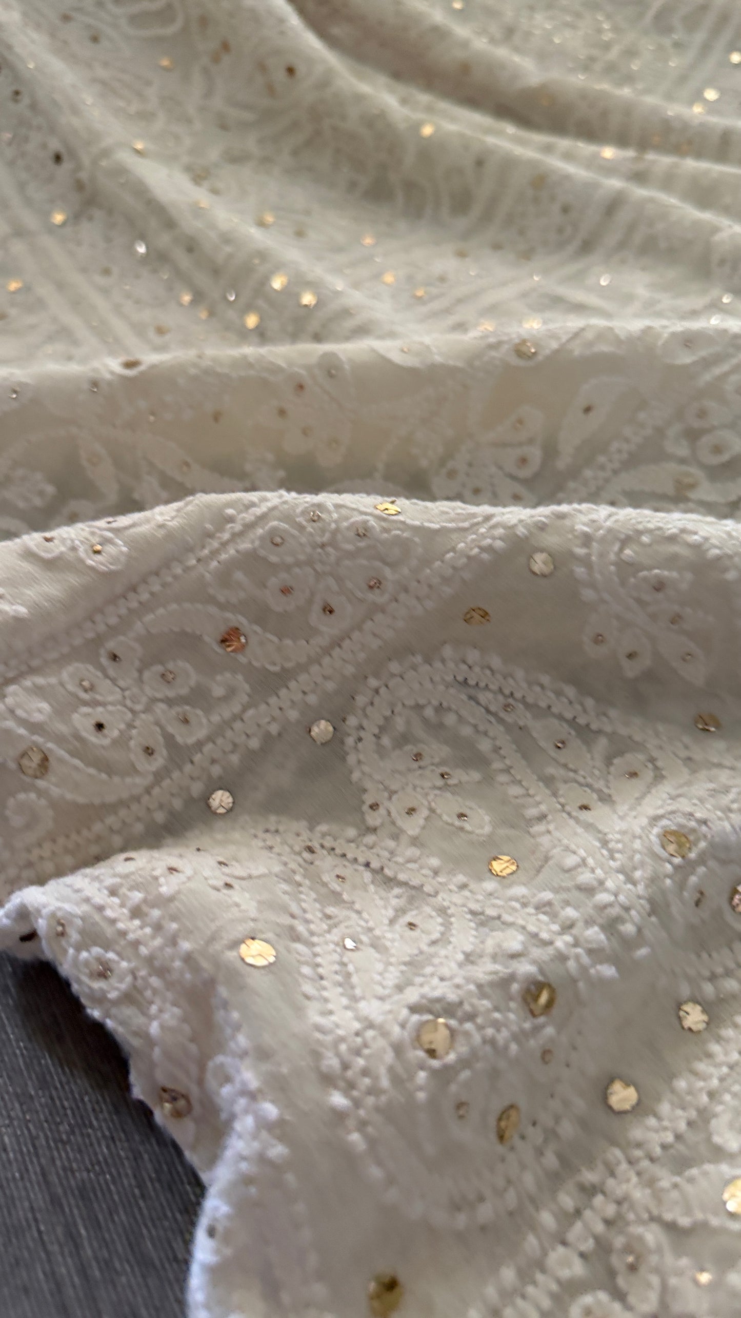 Ivory White Golden Mukaish Chikankari Dupatta