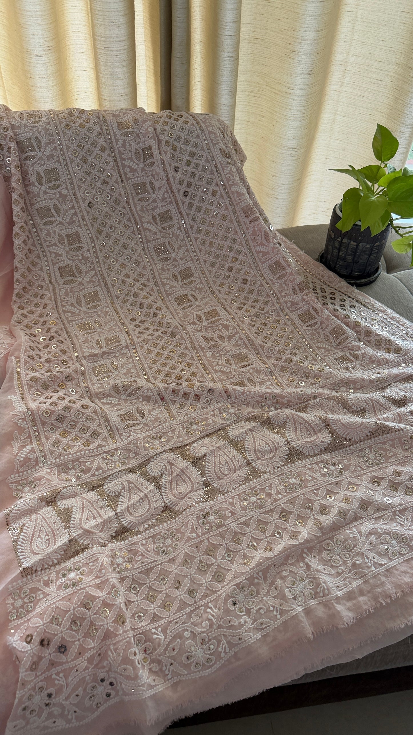 Powder Pink Ring Mukaish Chikankari Suit (Kurta & Dupatta)