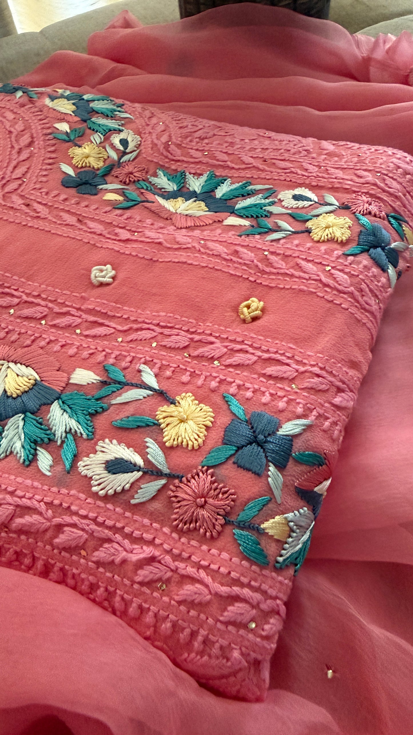 Chikankari Parsi Gara Neckline Kurta Dupatta Set
