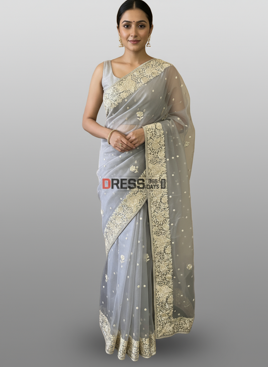Designer Grey Organza Parsi Gara Saree