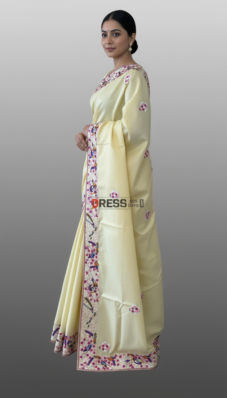Designer Lemon Yellow Tussar Silk Parsi Gara Saree