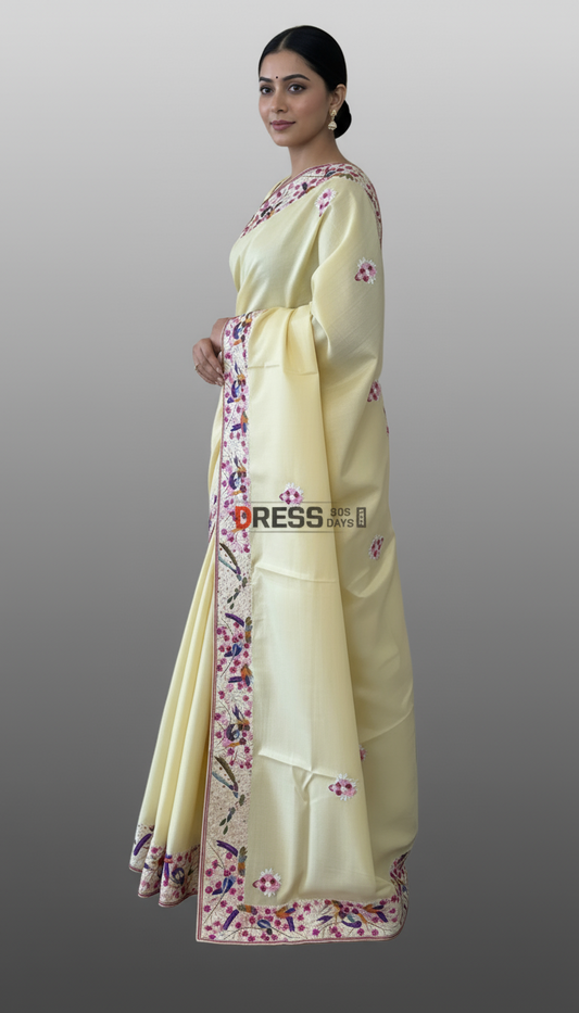 Designer Lemon Yellow Tussar Silk Parsi Gara Saree