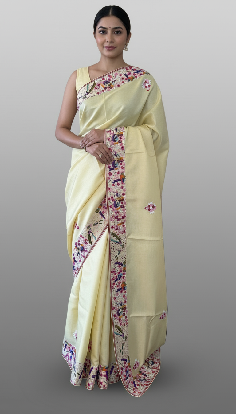 Designer Lemon Yellow Tussar Silk Parsi Gara Saree