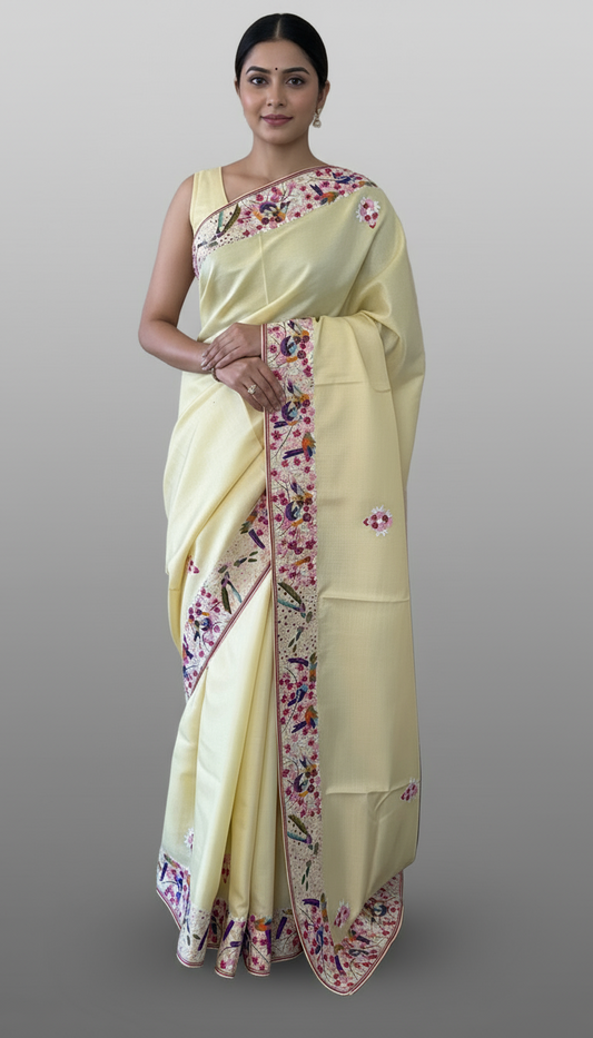 Designer Lemon Yellow Tussar Silk Parsi Gara Saree