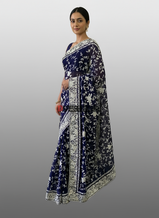 Designer Navy Ivory Parsi Gara Pure Georgette Saree