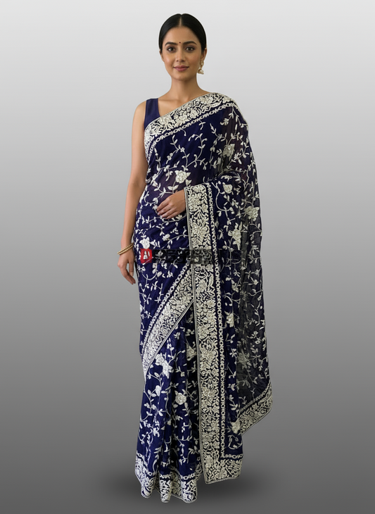 Designer Navy Ivory Parsi Gara Pure Georgette Saree