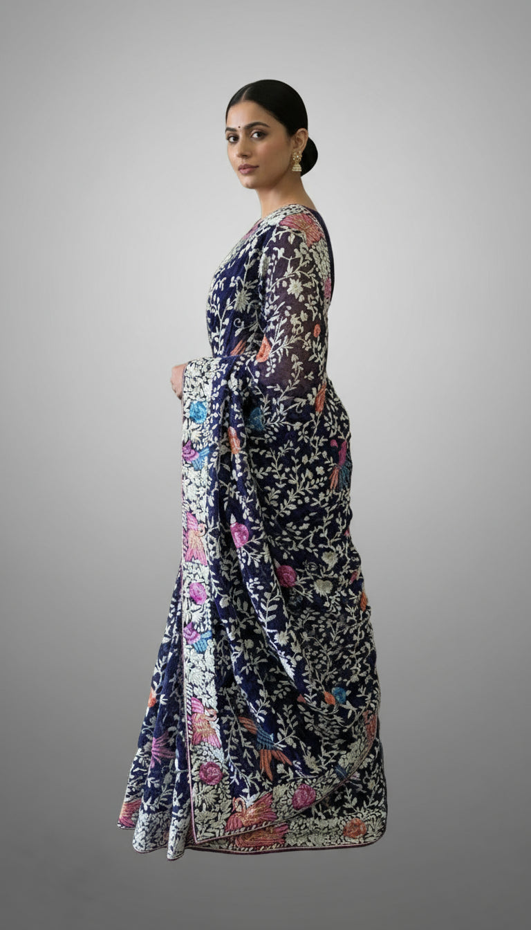 Designer Navy Multicolor Parsi Gara Saree
