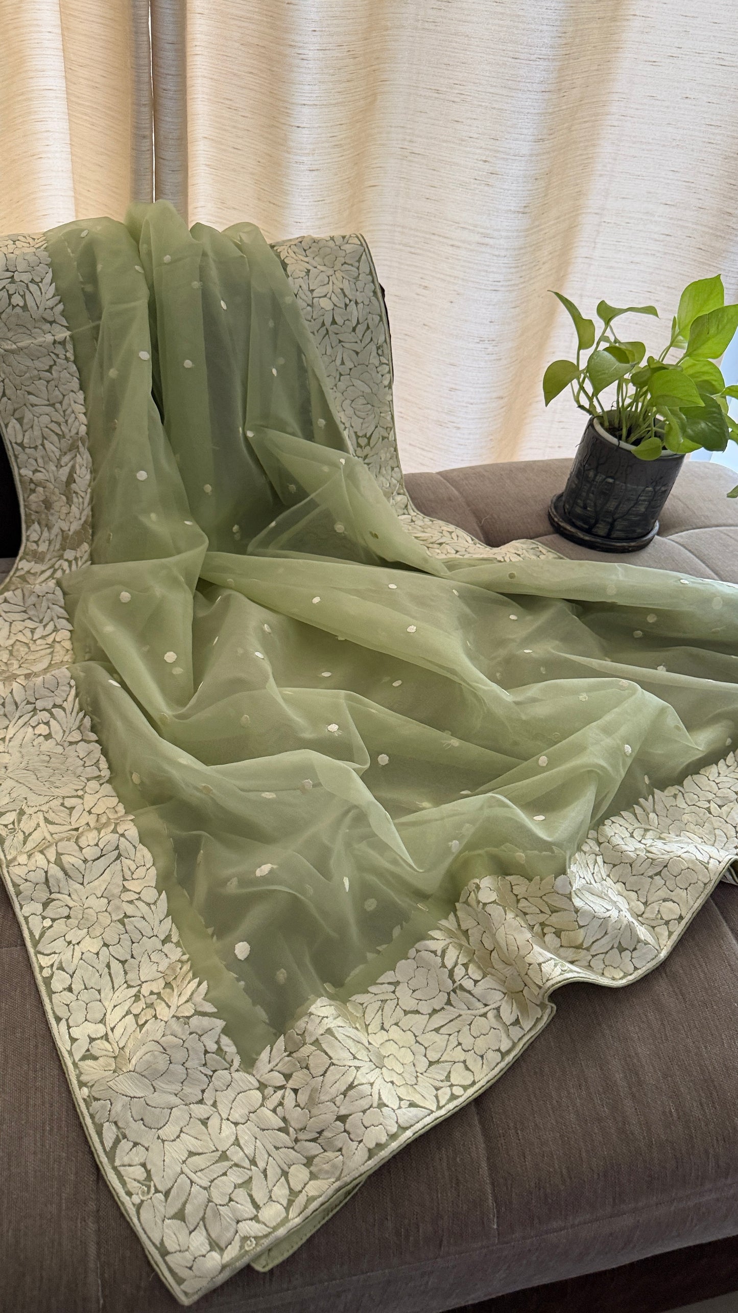 Exclusive Sage Green Organza Parsi Gara Dupatta