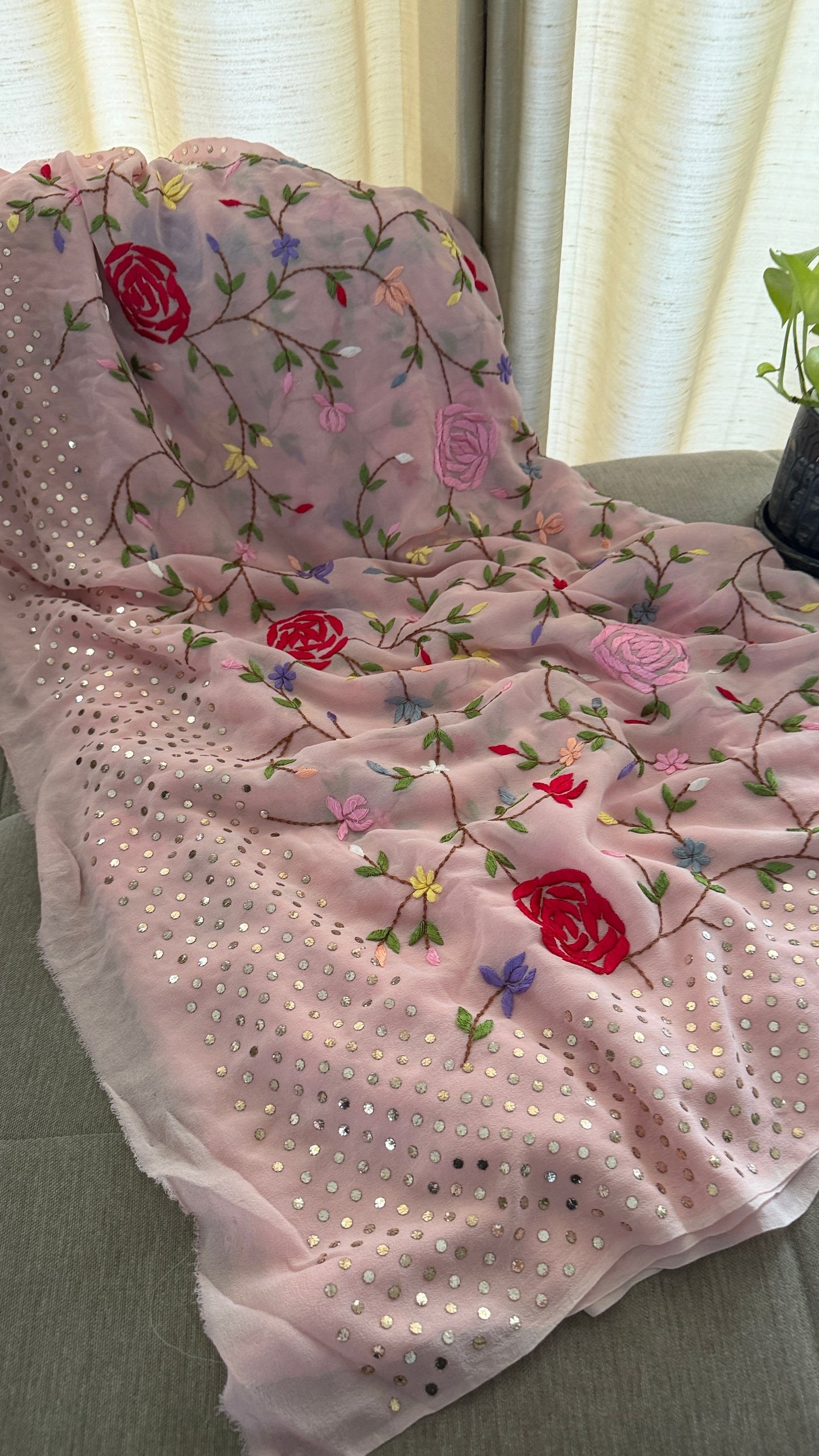 Floral Parsi Gara Embroidered Mukaish Saree