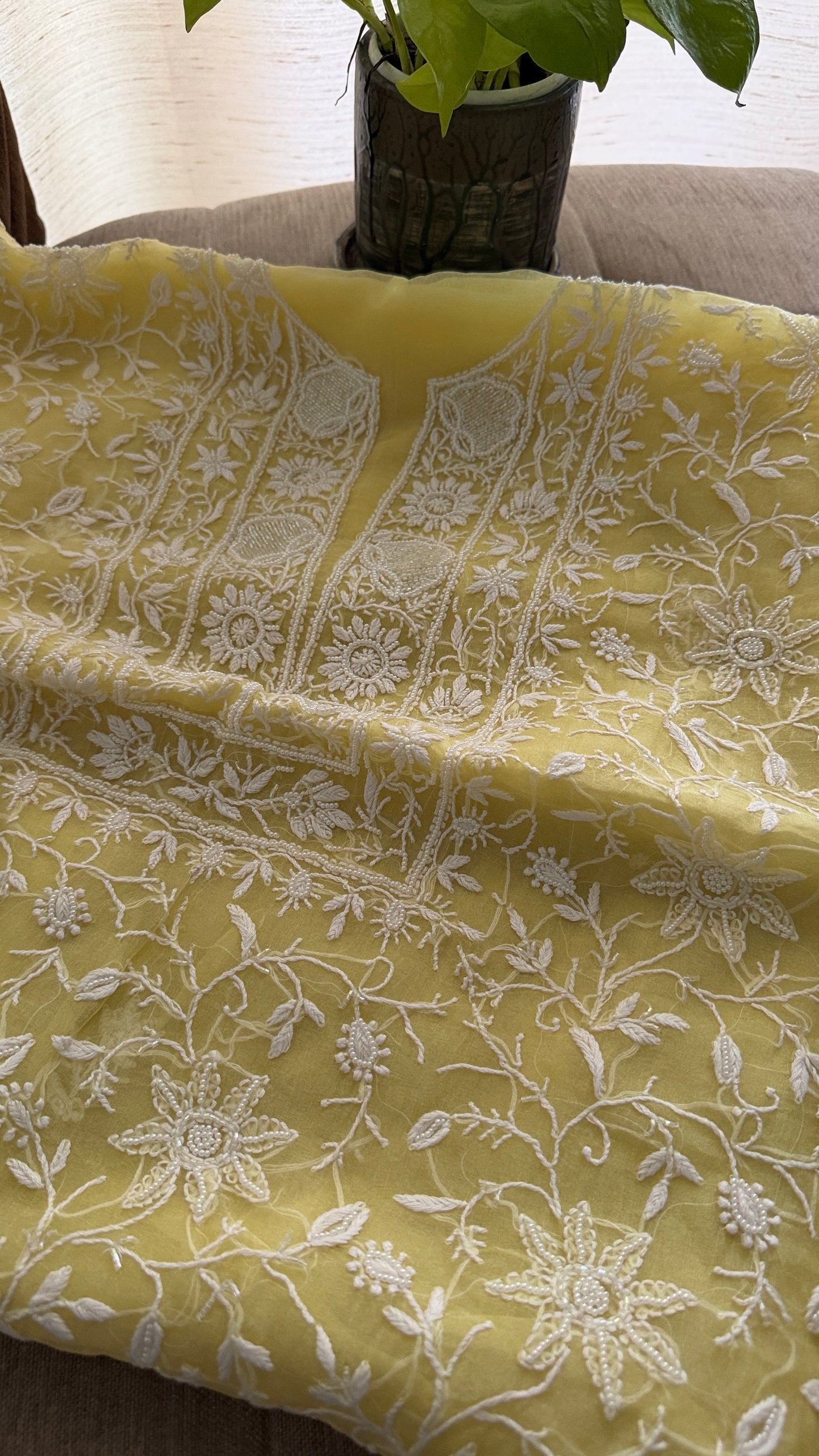 Designer Yellow Organza Cut Dana Pearl Chikankari Suit