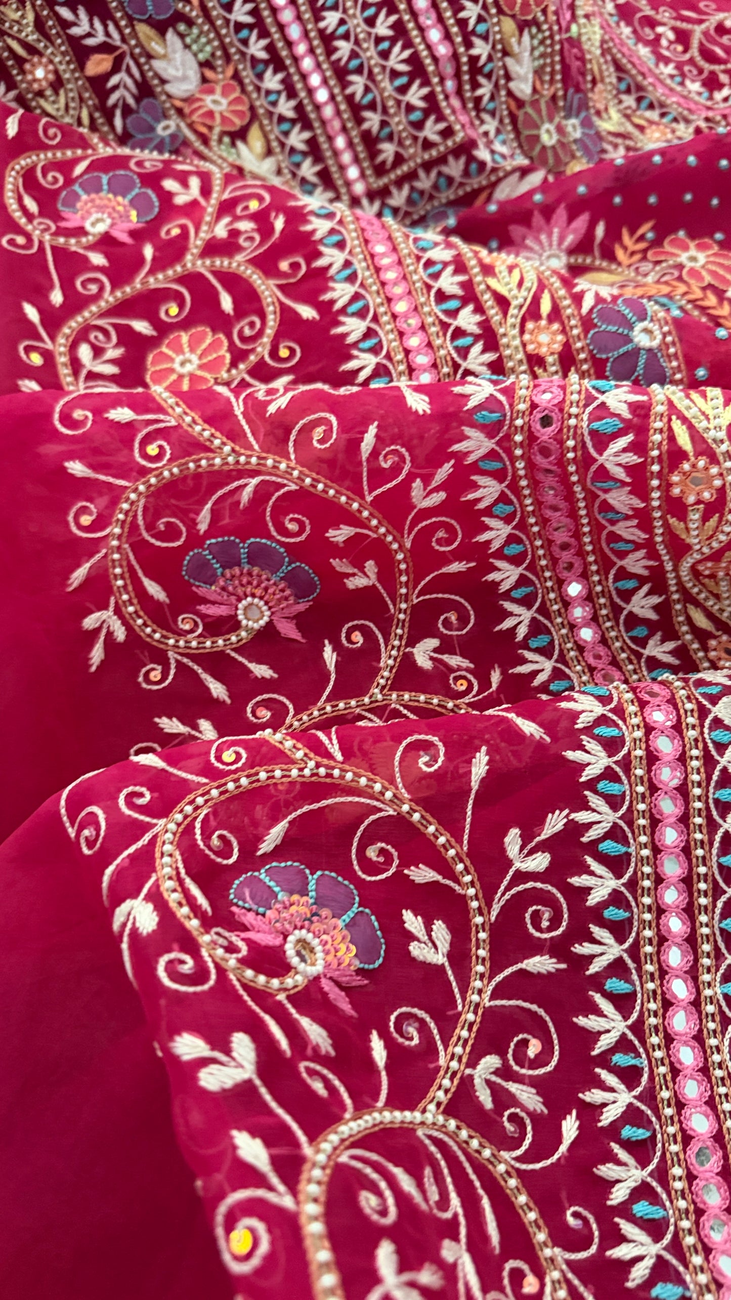 Luxury Pearl Handcrafted Organza Chikankari Suit- Magenta