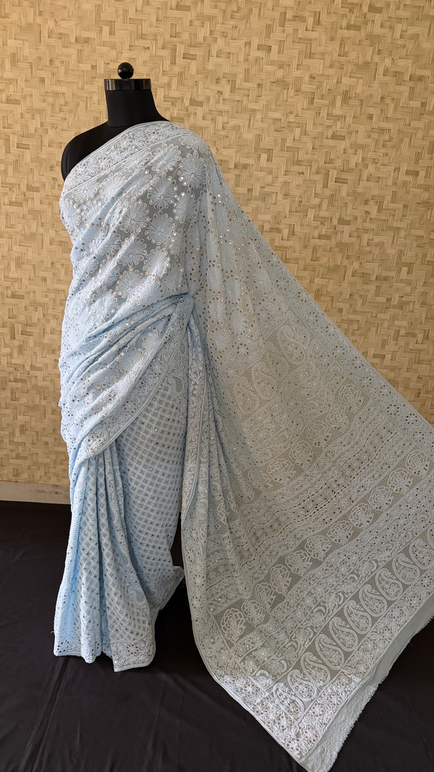 Exclusive Powder Blue Mukaish Chikankari Saree
