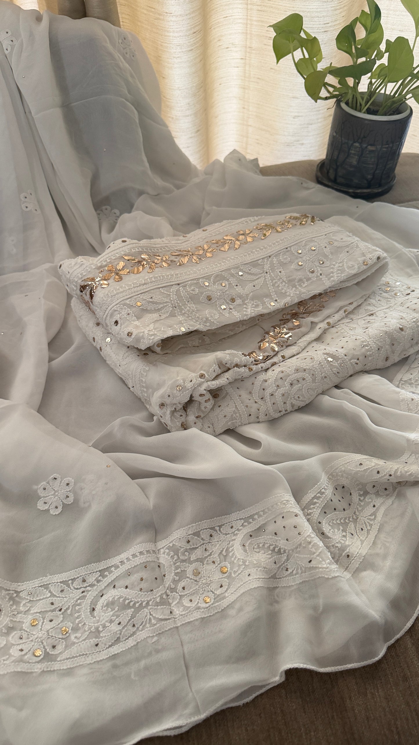 White Mukaish Chikankari Anarkali Suit