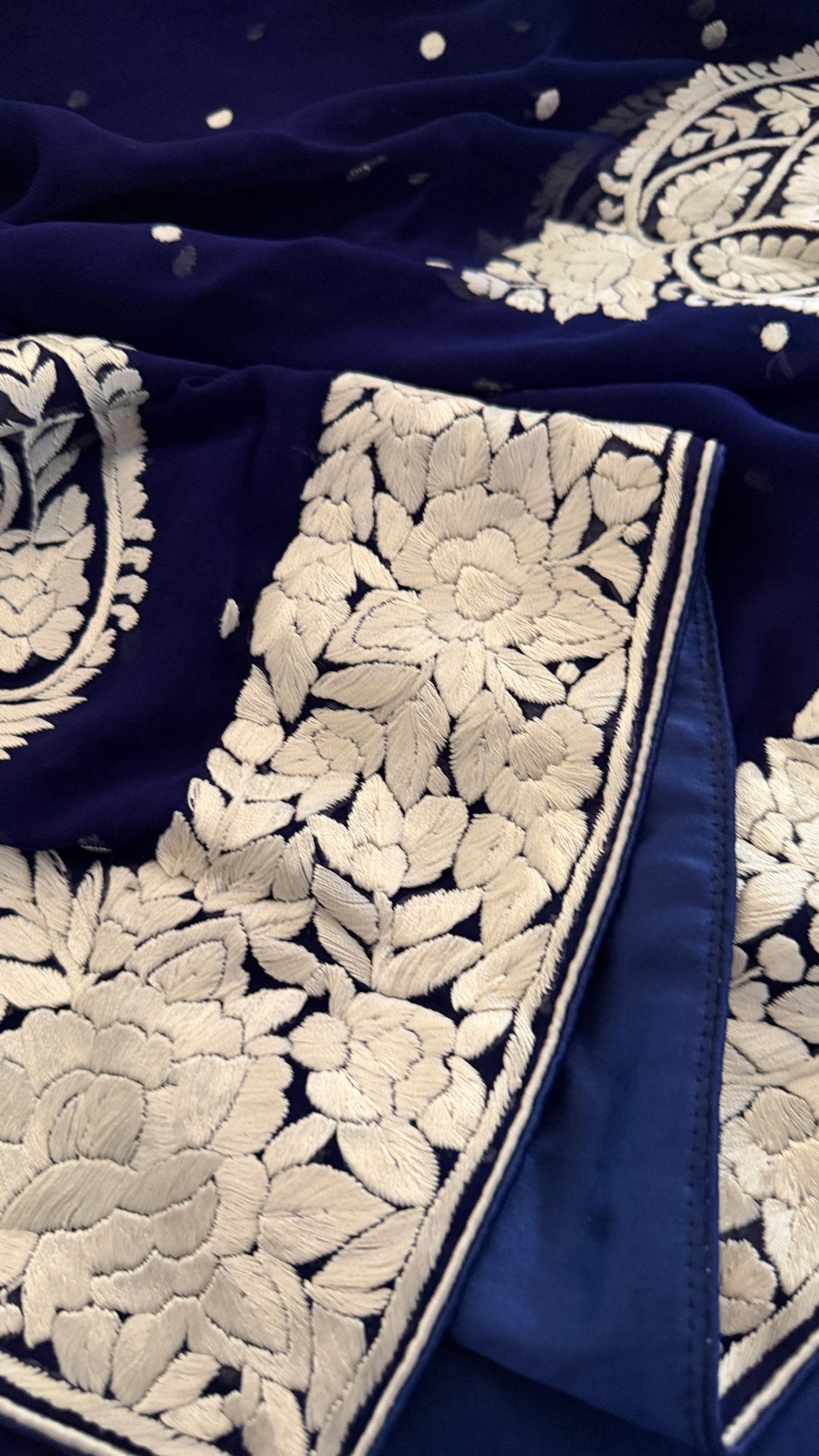 Heirloom Navy Ivory Pure Georgette Parsi Gara Dupatta