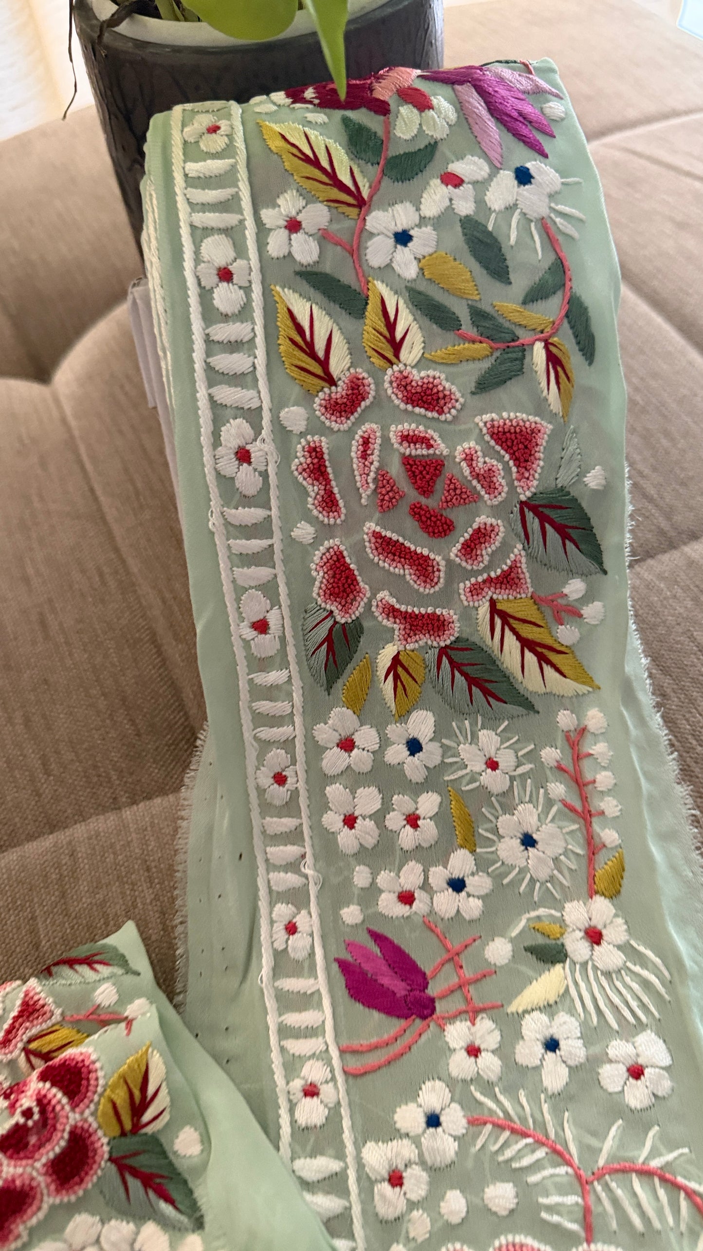 Exclusive Parsi Gara Hand Embroidered Border (Pista Green)
