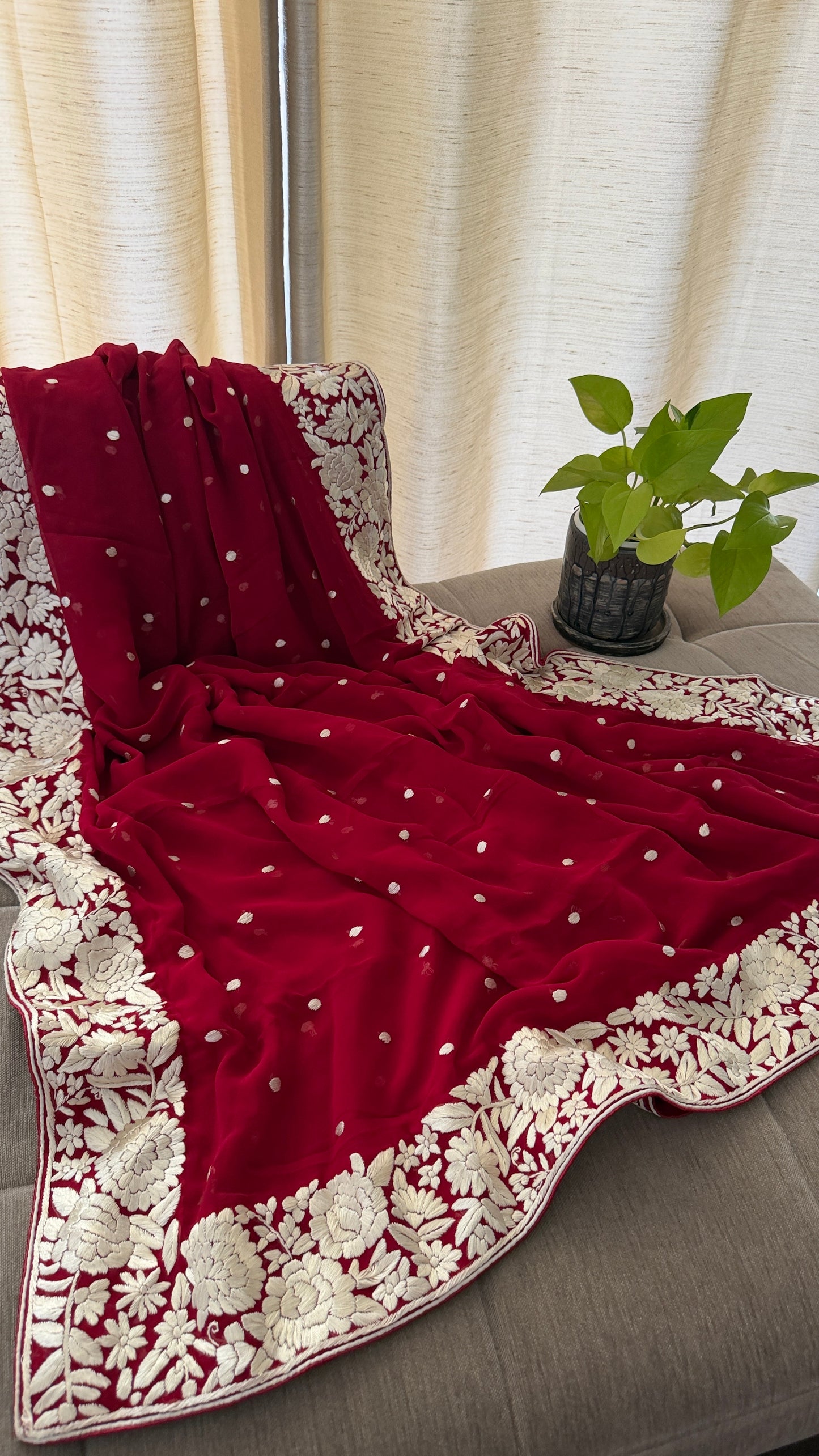 Artisanal Maroon Ivory Floral Parsi Gara Dupatta
