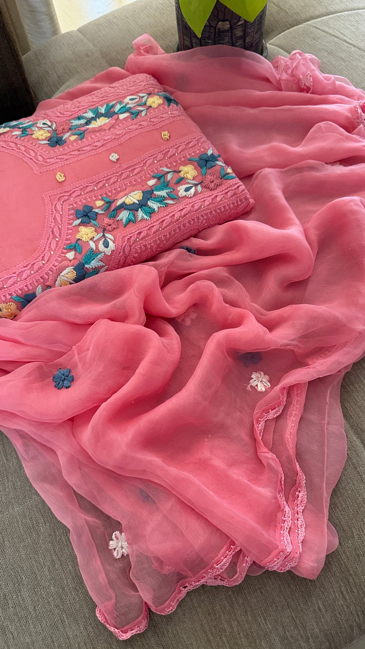 Chikankari Parsi Gara Neckline Kurta Dupatta Set