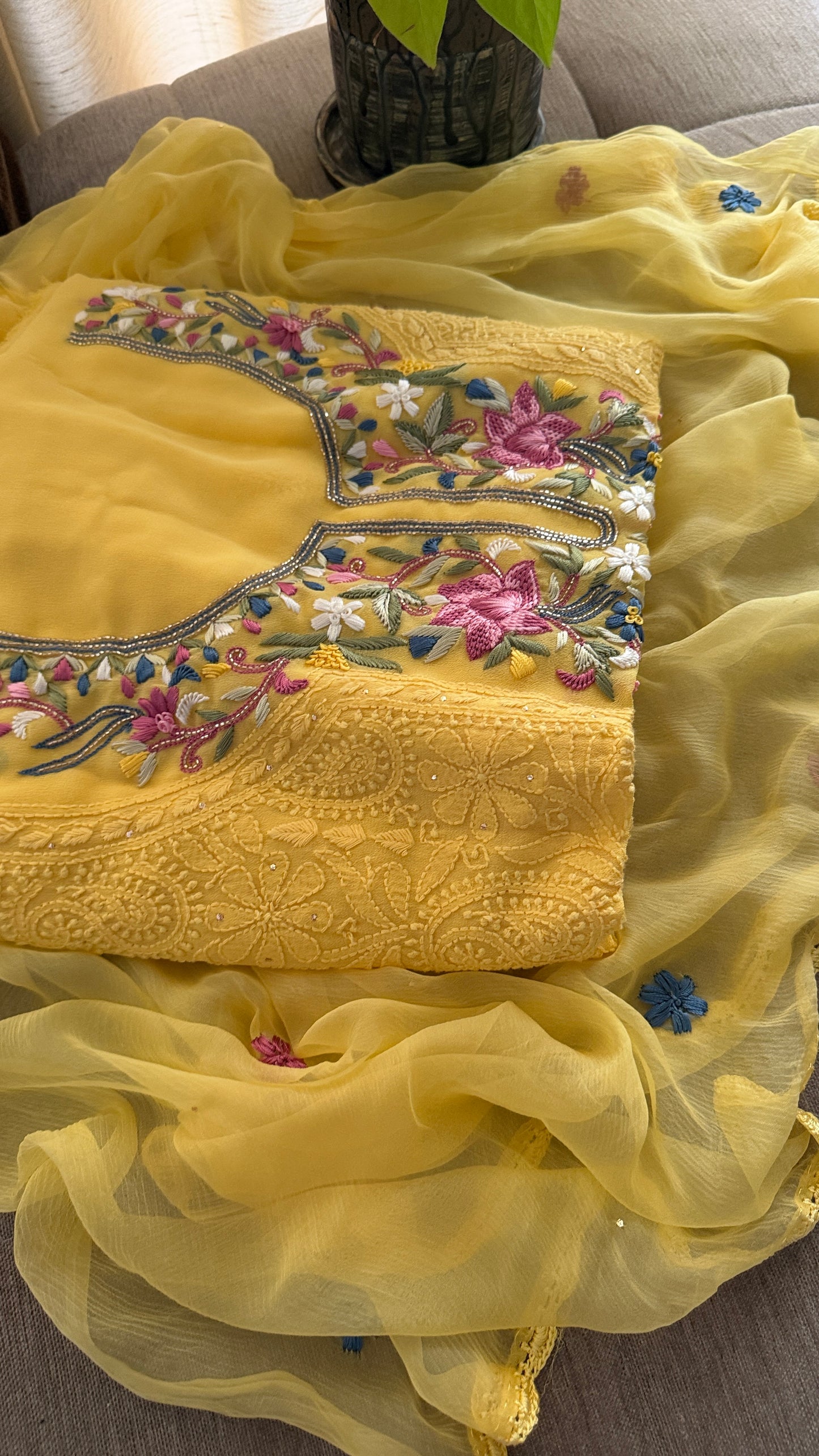 Yellow Parsi Inspired Chikankari Suit with Mukaish and Multicolour Neckline