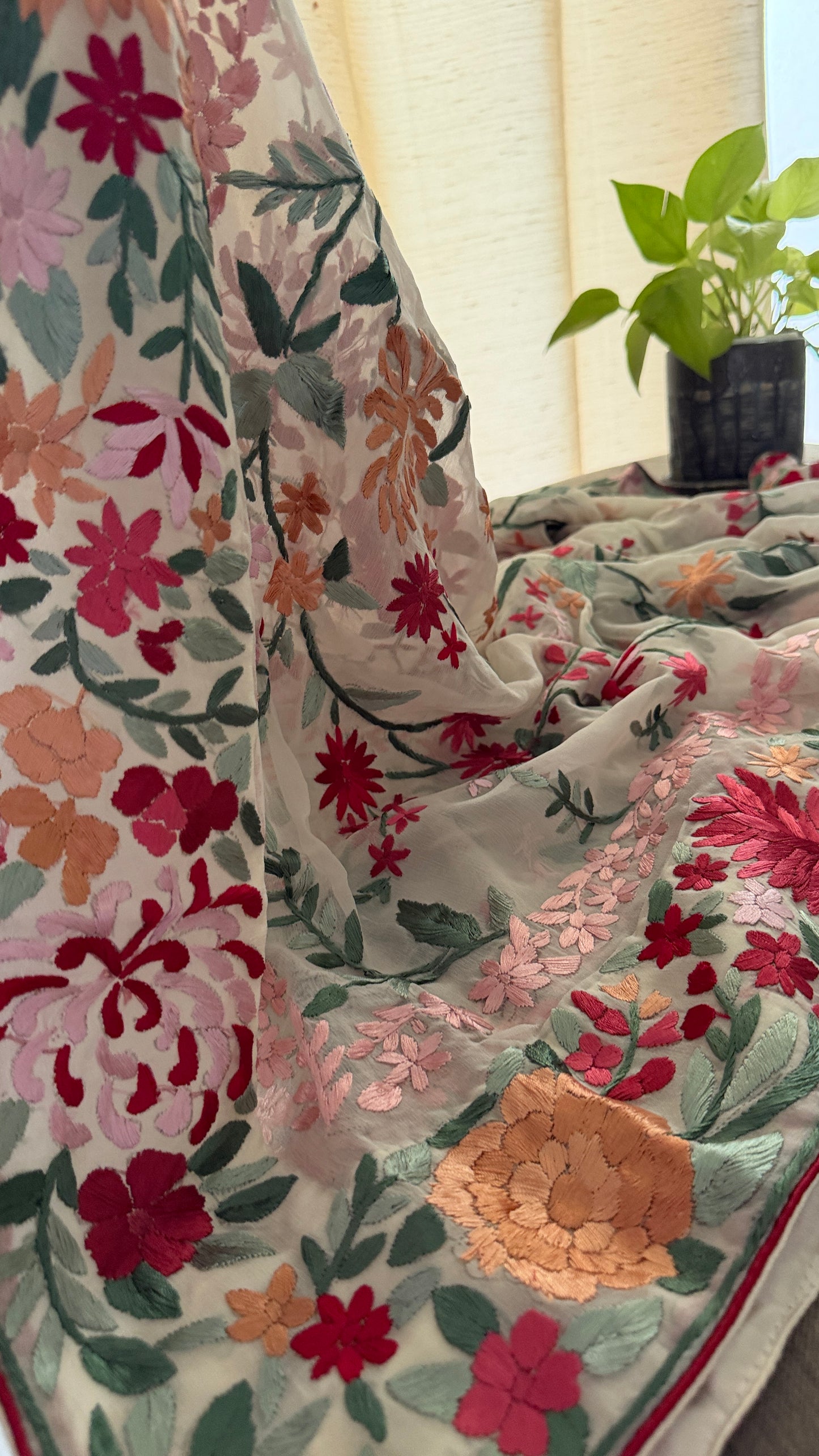 Heirloom Ivory Floral Parsi Gara Dupatta