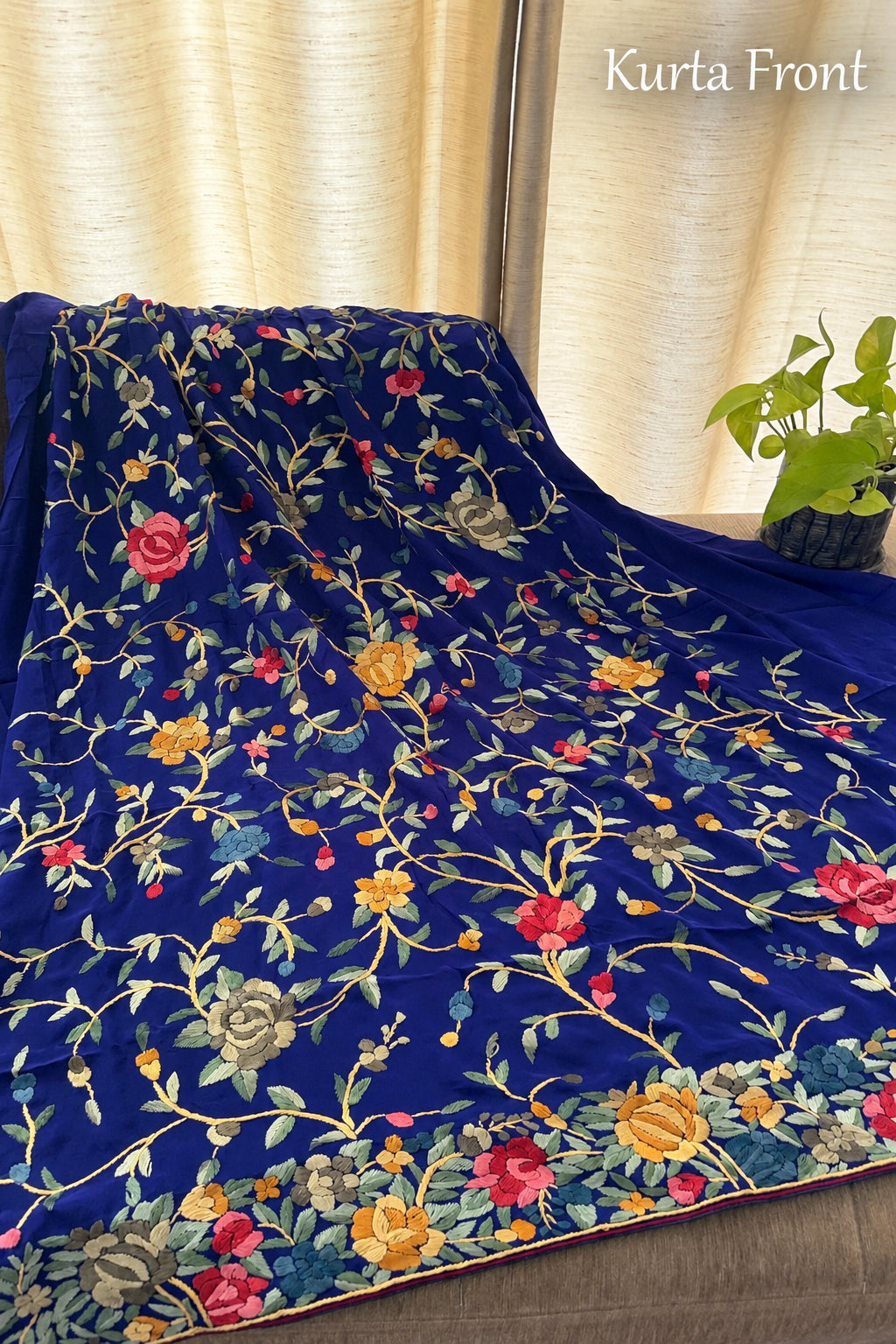 Royal Blue Floral Parsi Gara Suit (Three Piece)