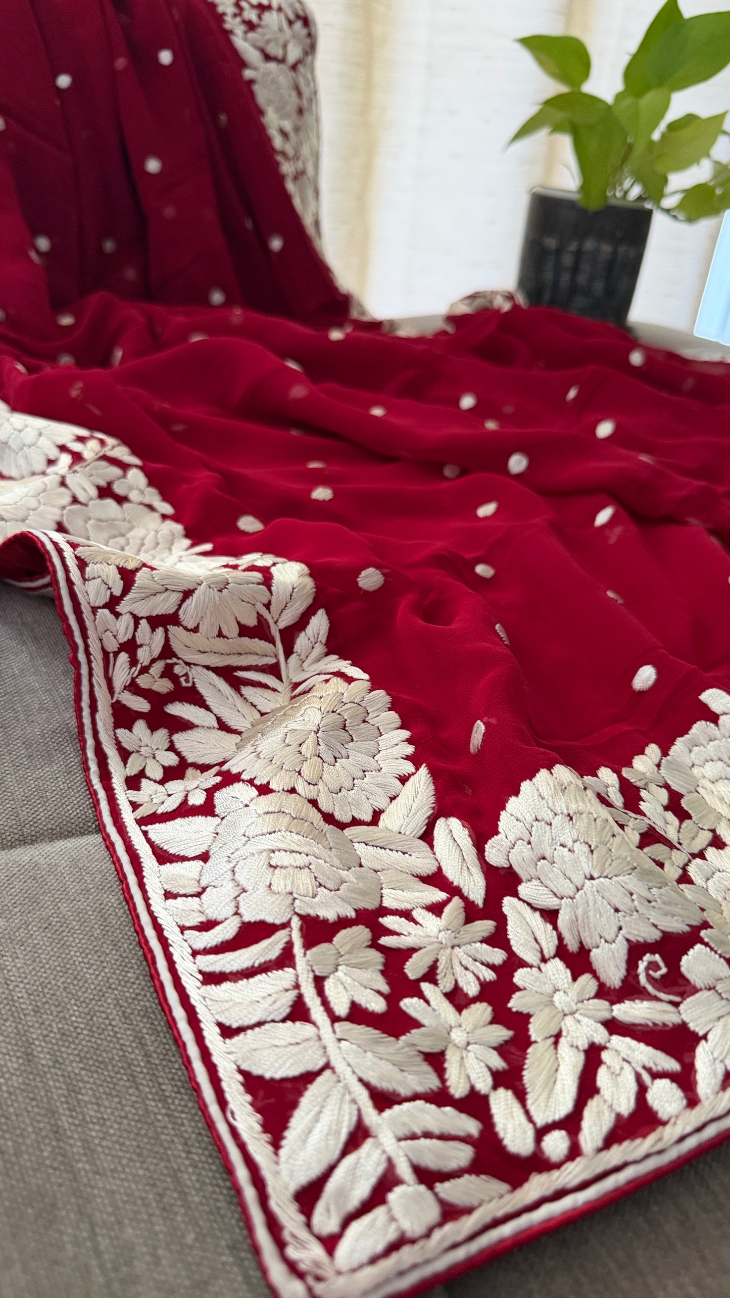 Artisanal Maroon Ivory Floral Parsi Gara Dupatta