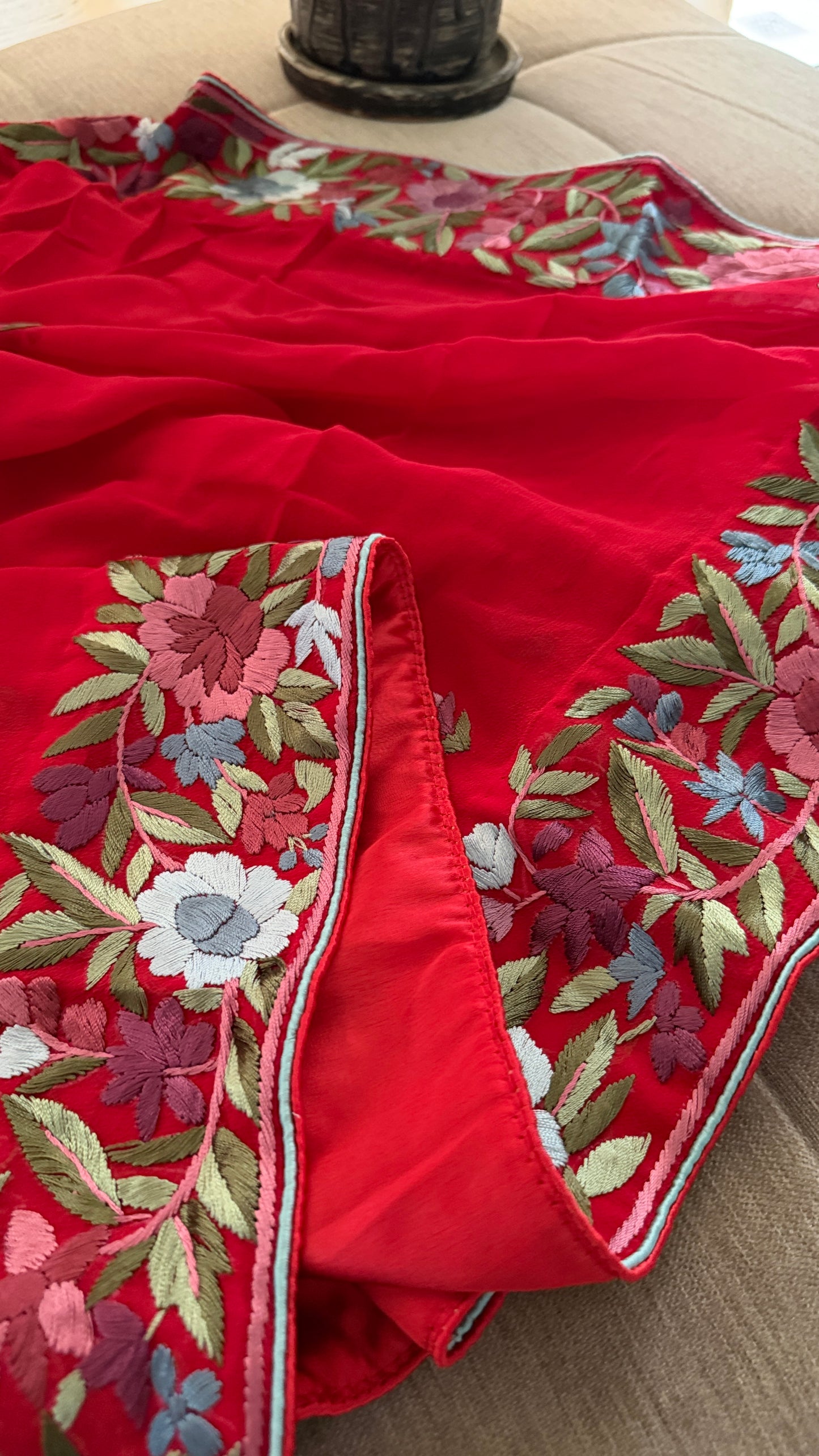 Artisanal Red Floral Parsi Gara Dupatta