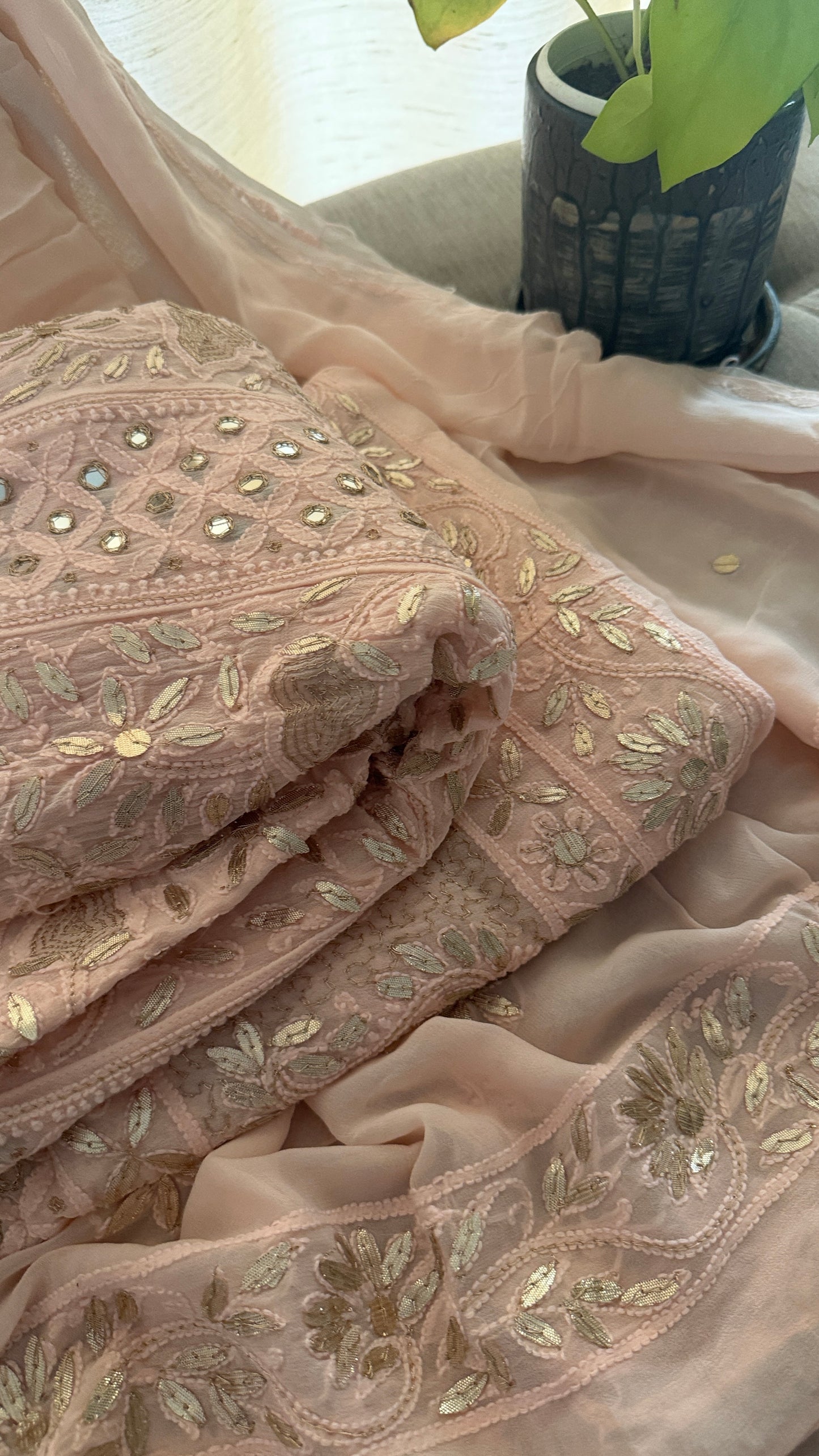Designer Pastel Pink Mirror Gota Patti Chikankari Anarkali Suit