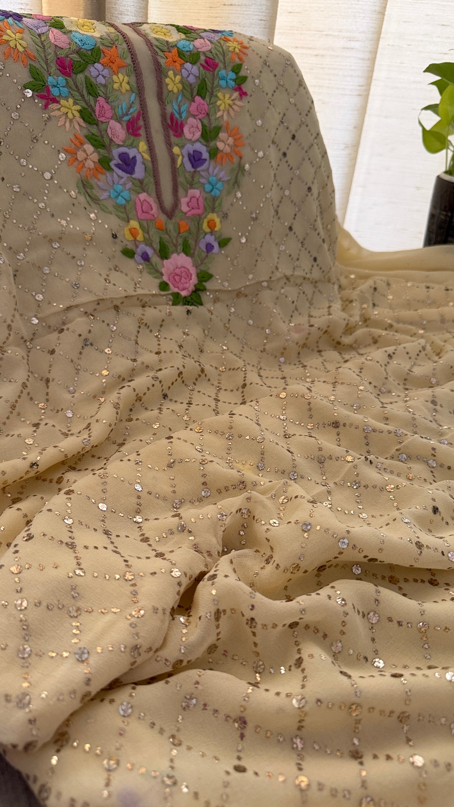 Beige Multicolour Neckline Kamdani Suit