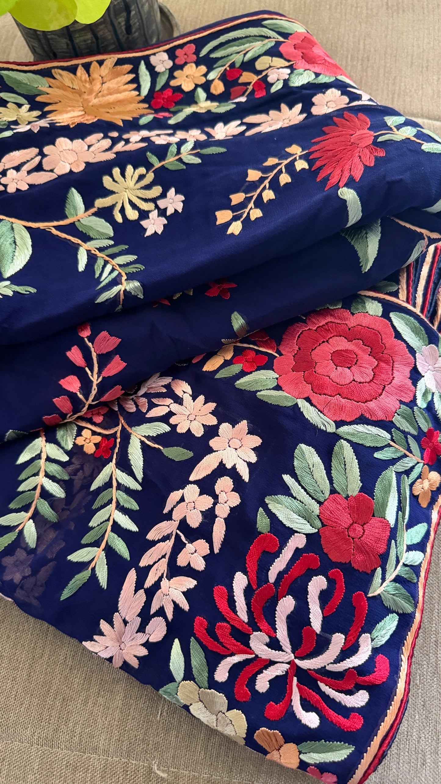 Navy Multicolour Floral Parsi Gara Saree