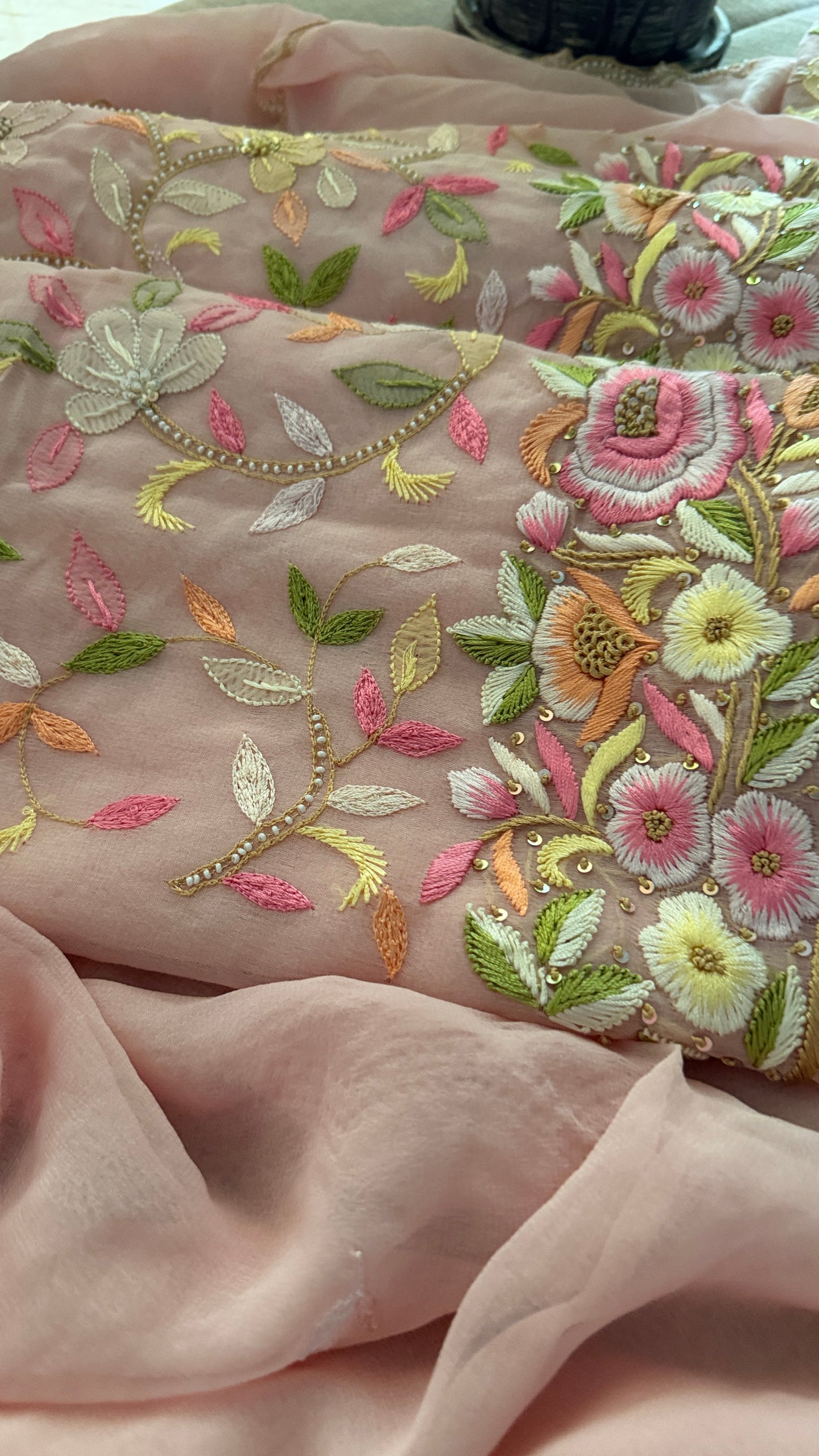 Pastel Pink Parsi Gara & Chikankari Pearl Suit