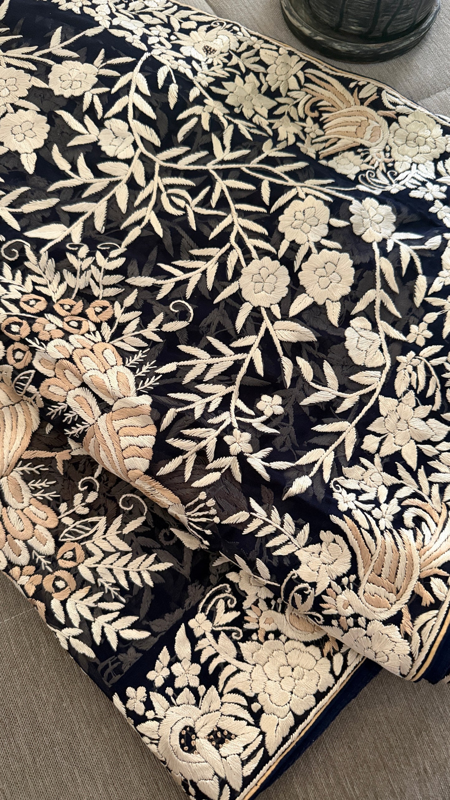 Elegant Navy Hand Embroidered Parsi Gara Dupatta
