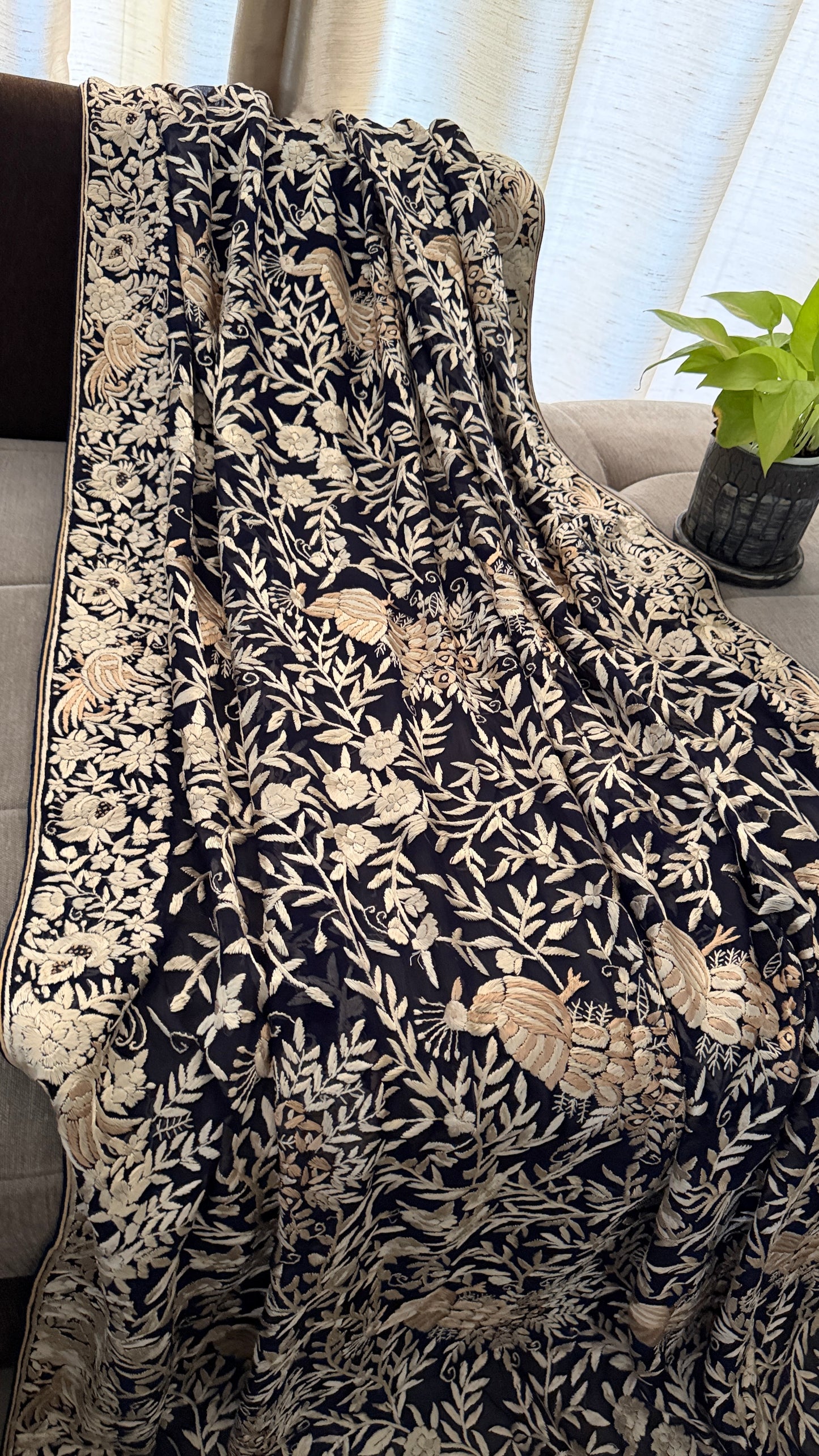 Elegant Navy Hand Embroidered Parsi Gara Dupatta