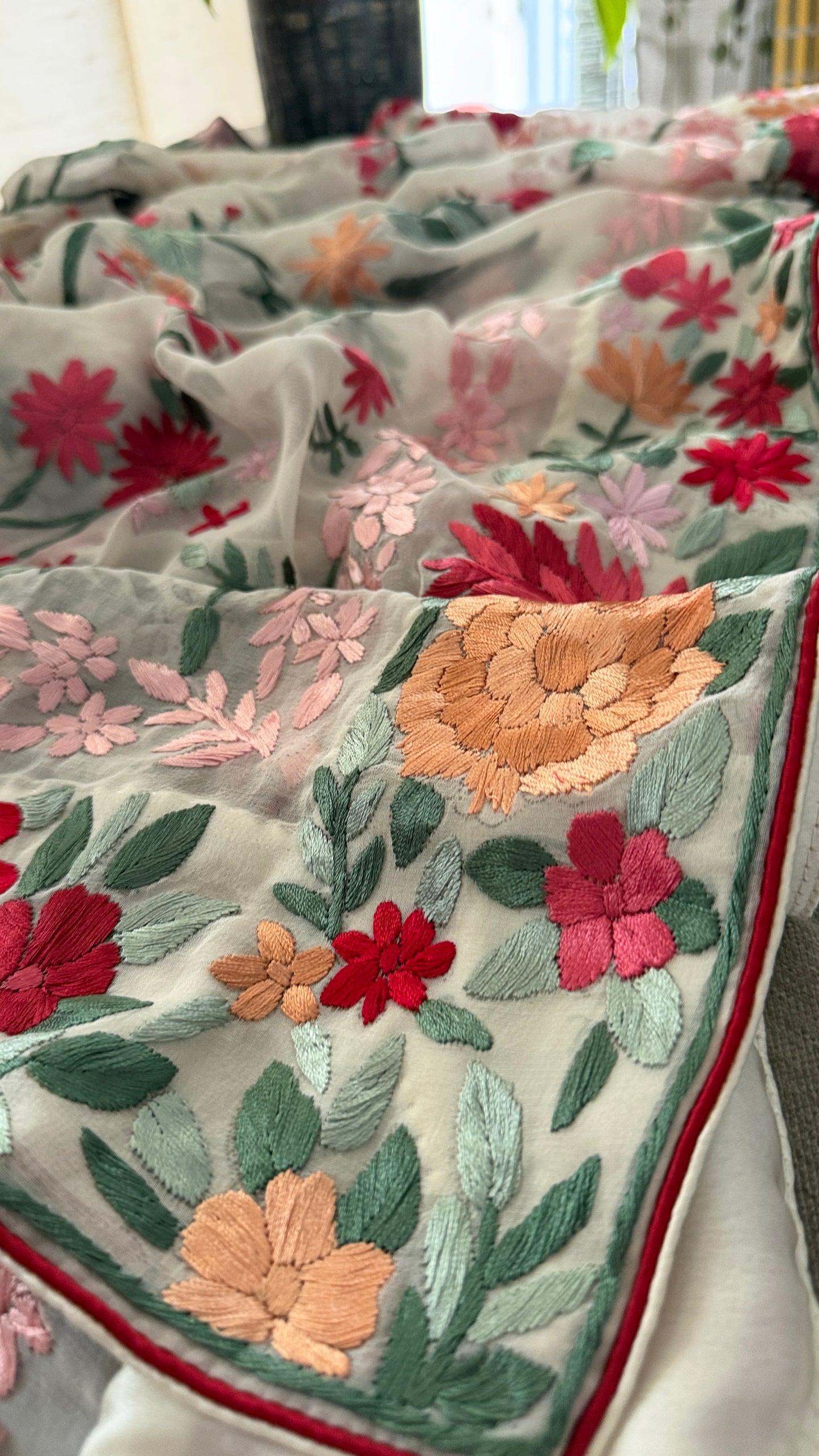 Heirloom Ivory Floral Parsi Gara Dupatta