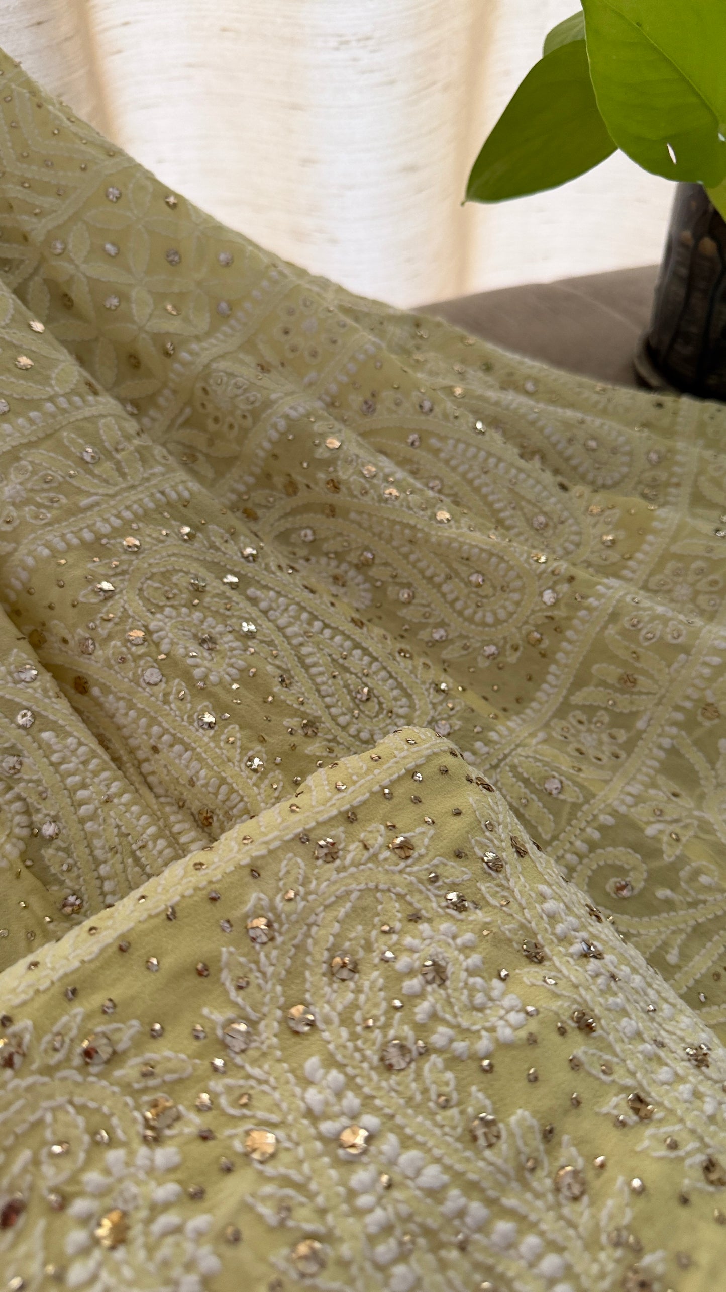 Lemon Yellow Mukaish Chikankari Lehenga Set