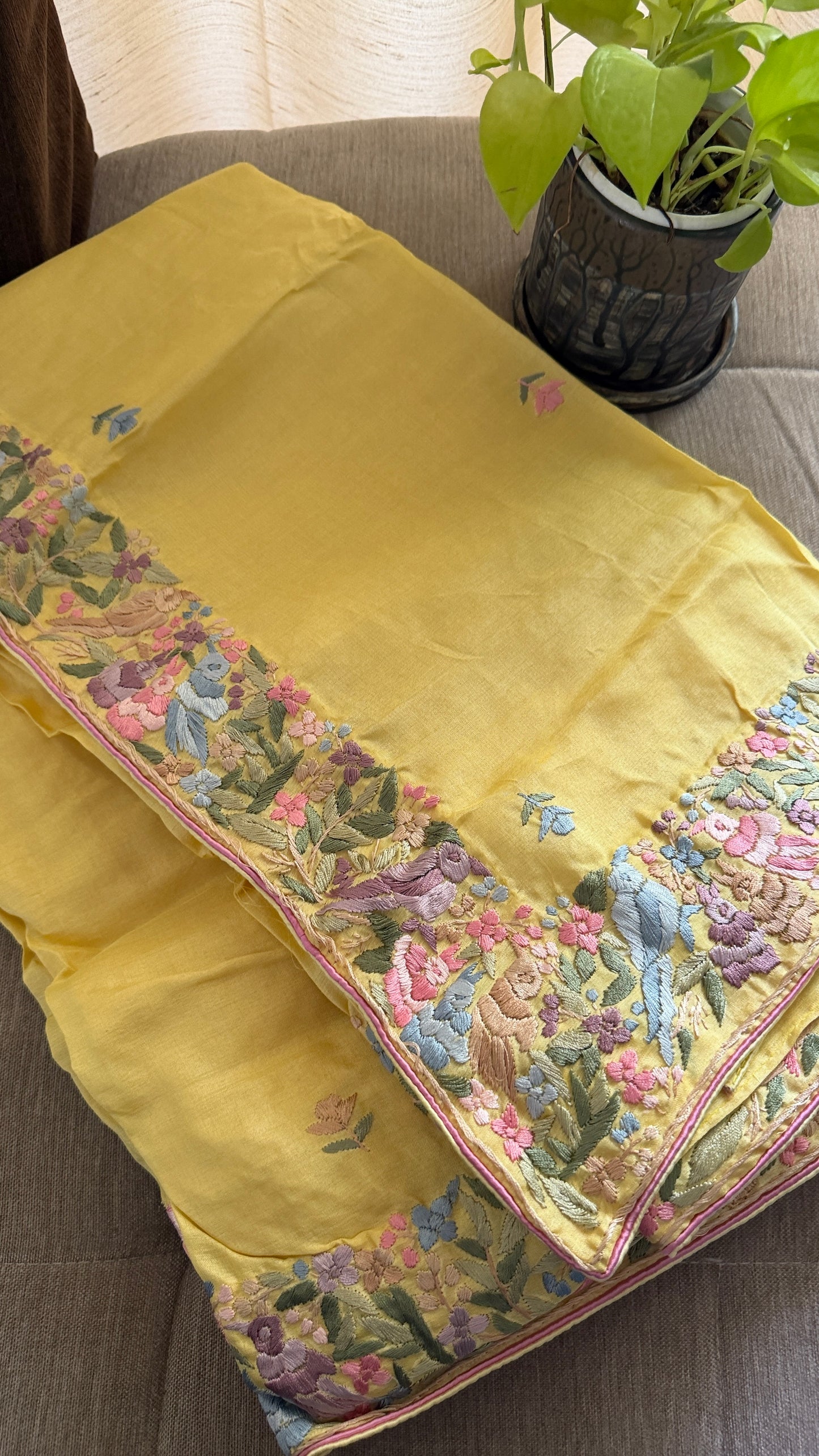 Designer Yellow Tussar Silk Parsi Gara Saree for Women