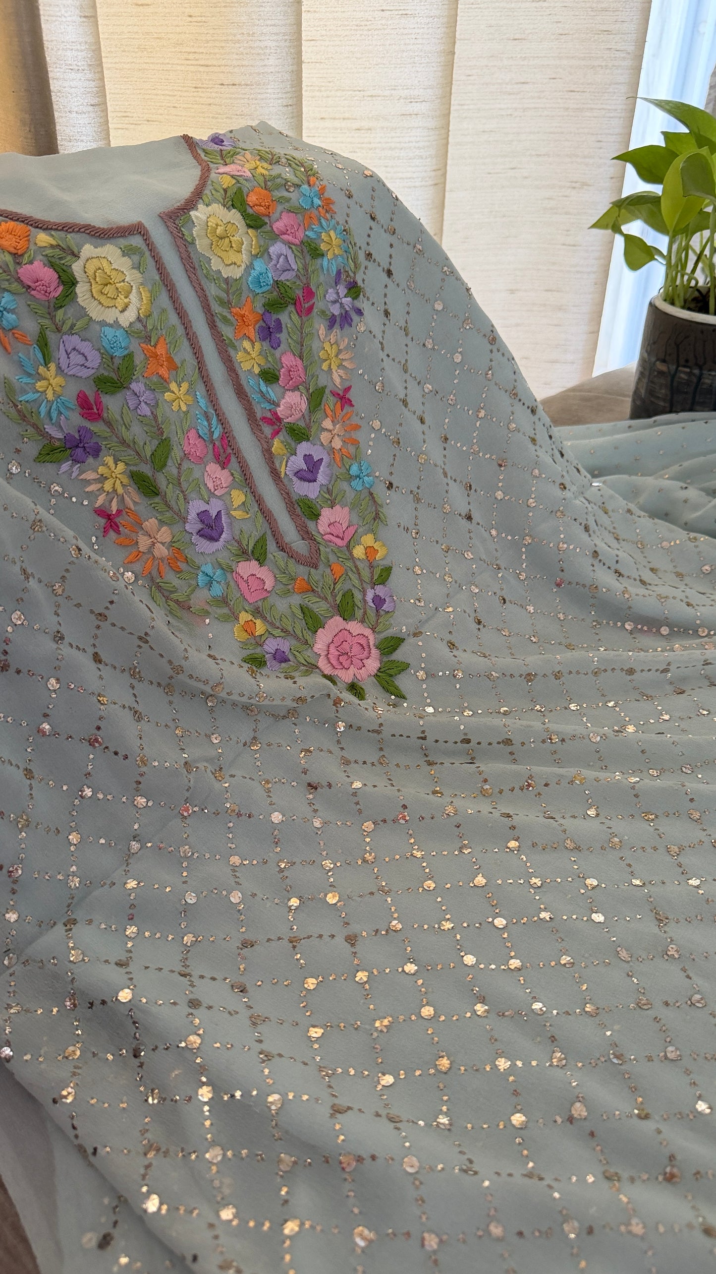 Powder Blue Multicolour Neckline Kamdani Suit