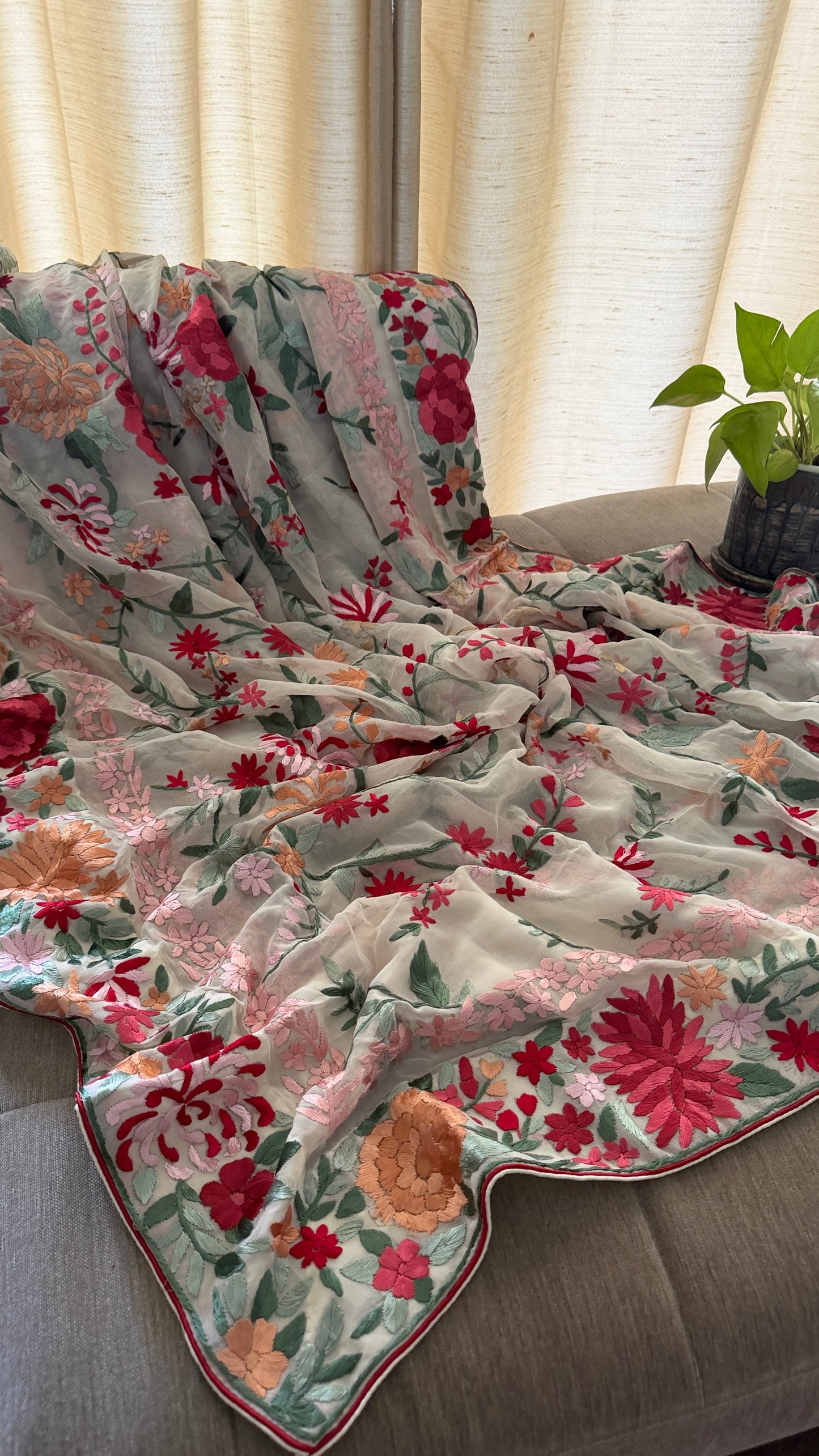 Heirloom Ivory Floral Parsi Gara Dupatta