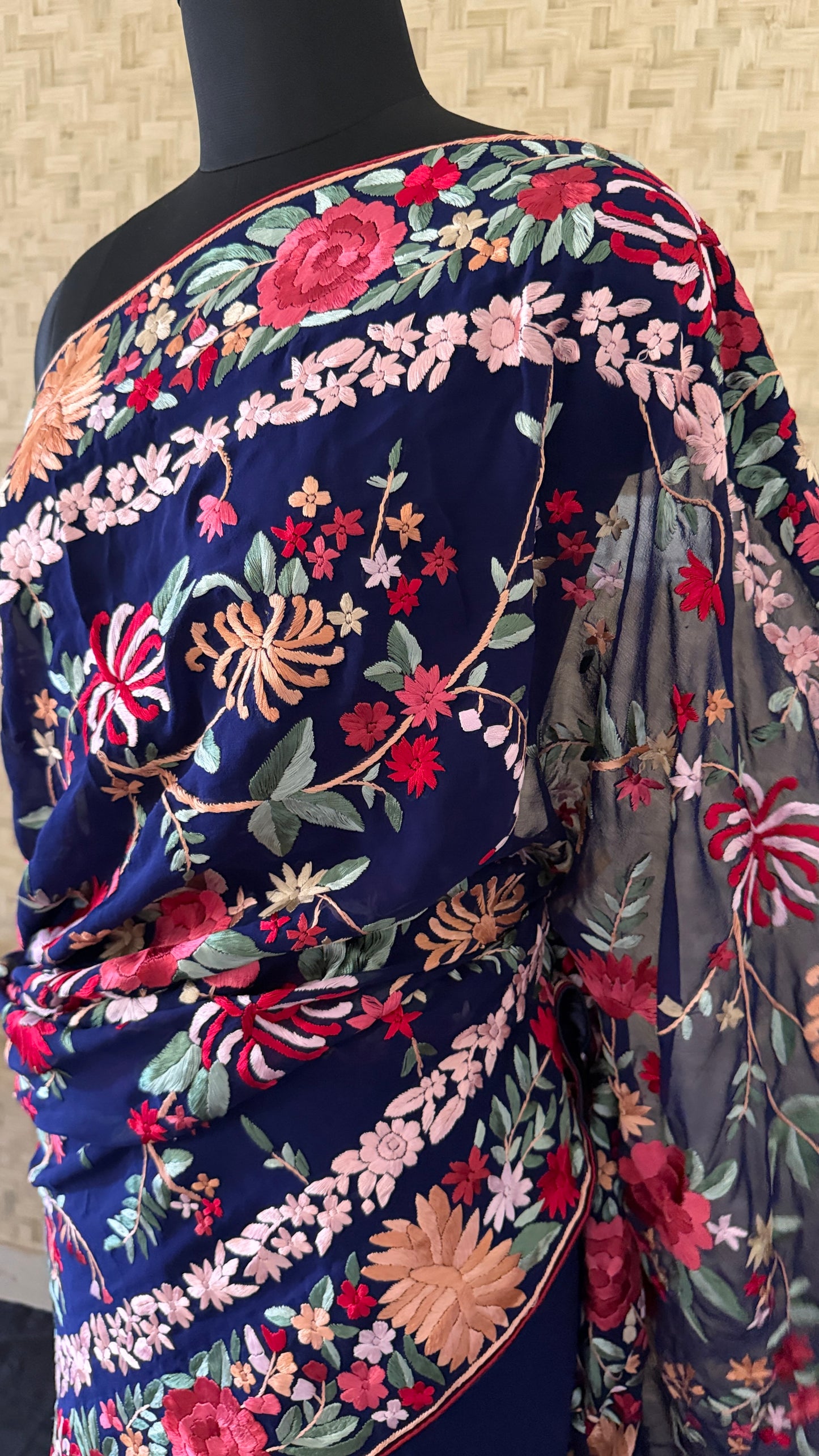 Navy Multicolour Floral Parsi Gara Saree