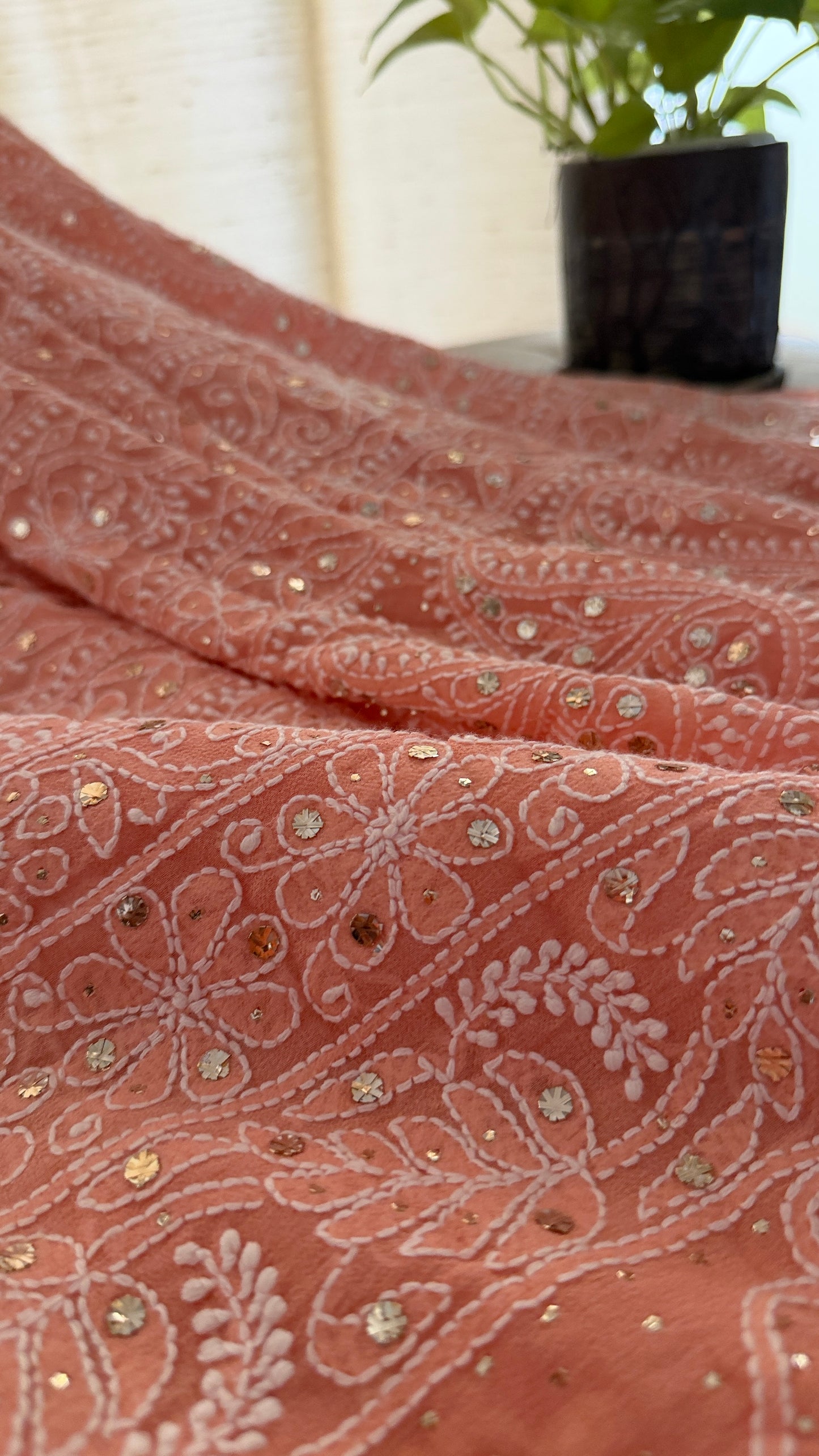 Peach Mukaish Chikankari Saree