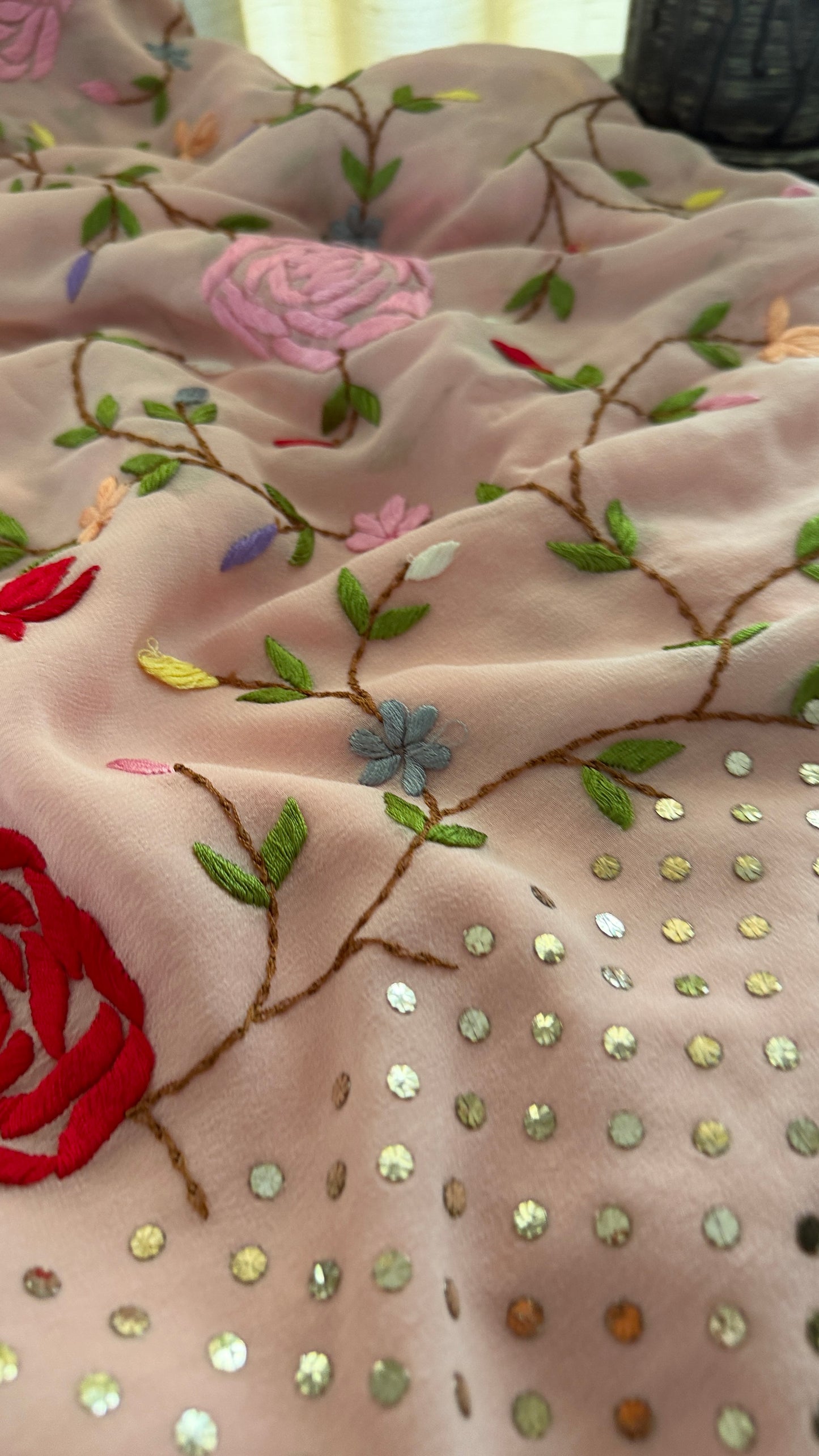 Floral Parsi Gara Embroidered Mukaish Saree