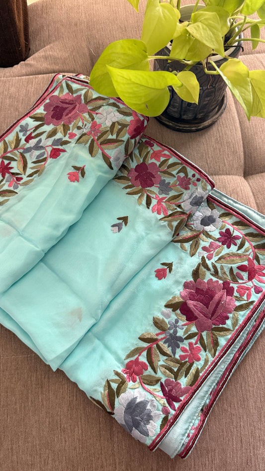 Designer Aqua Green Crepe Silk Parsi Gara Dupatta