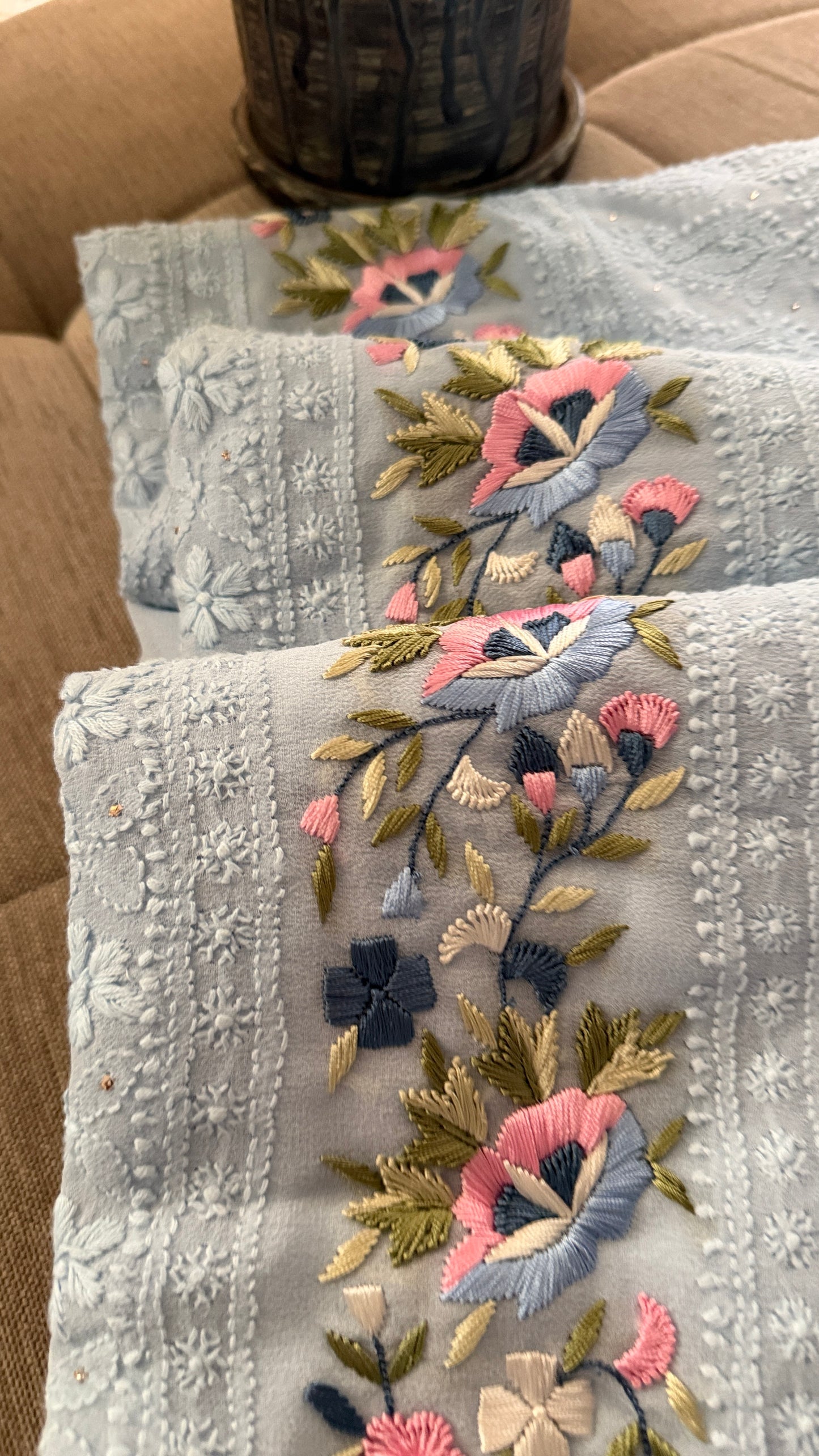 Powder Blue Chikankari Parsi Gara Daman Suit