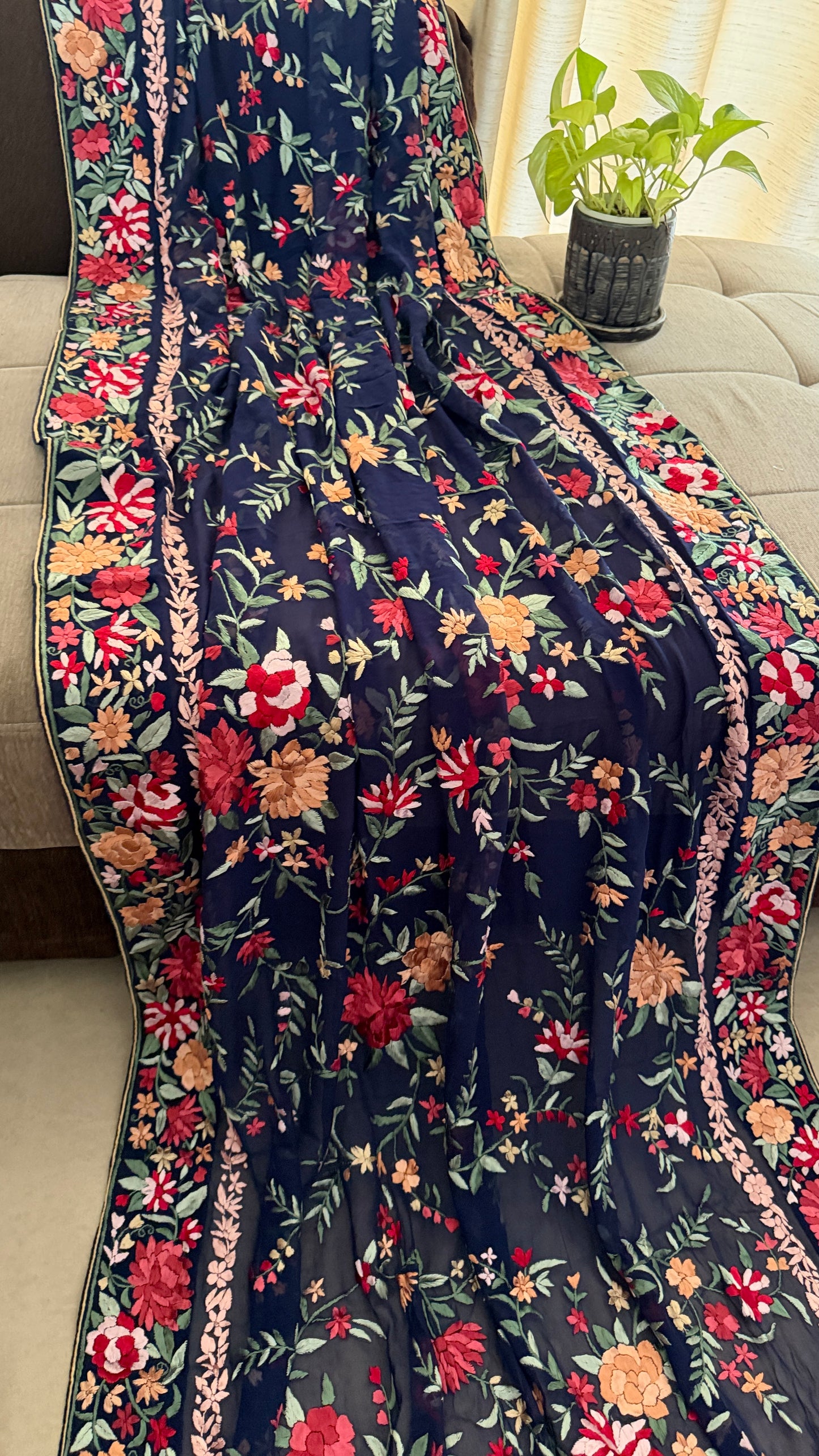 Heirloom Navy Floral Parsi Gara Dupatta